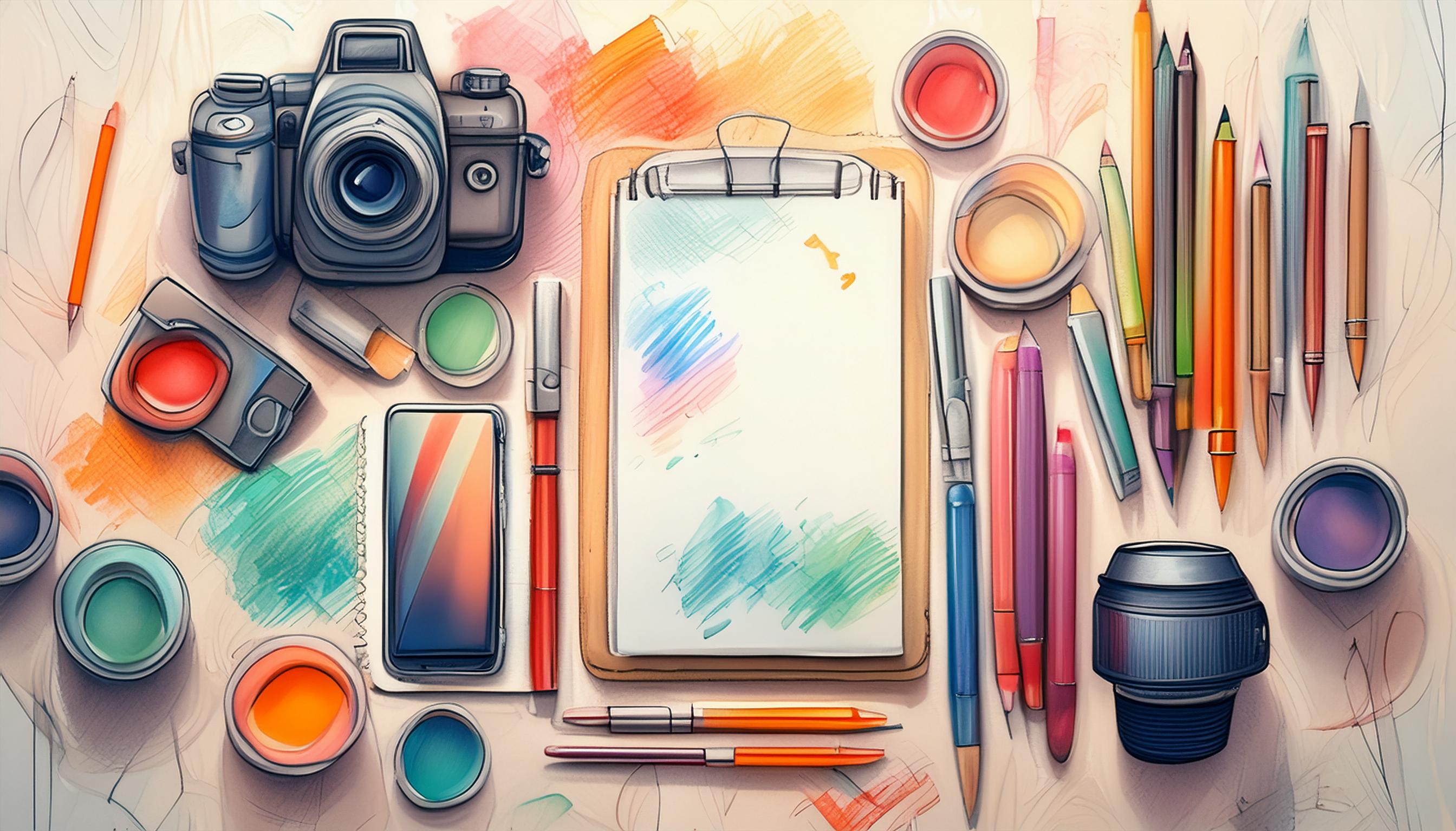 Kreative Arbeitsfläche mit Kamera, Farben, Stiften und einem leeren Zeichenbrett, zeigt die Werkzeuge und Materialien für die Erstellung eines Scribble-Videos