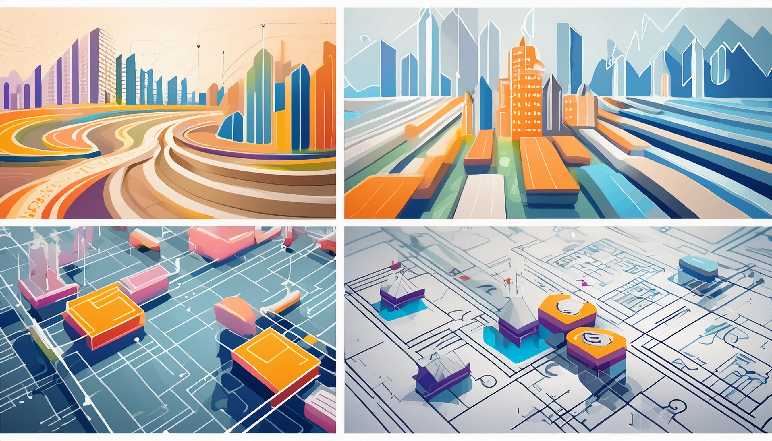 Illustration von Stadtlandschaften und Architekturplänen, die die Magie und Struktur der Legetechnik zeigen