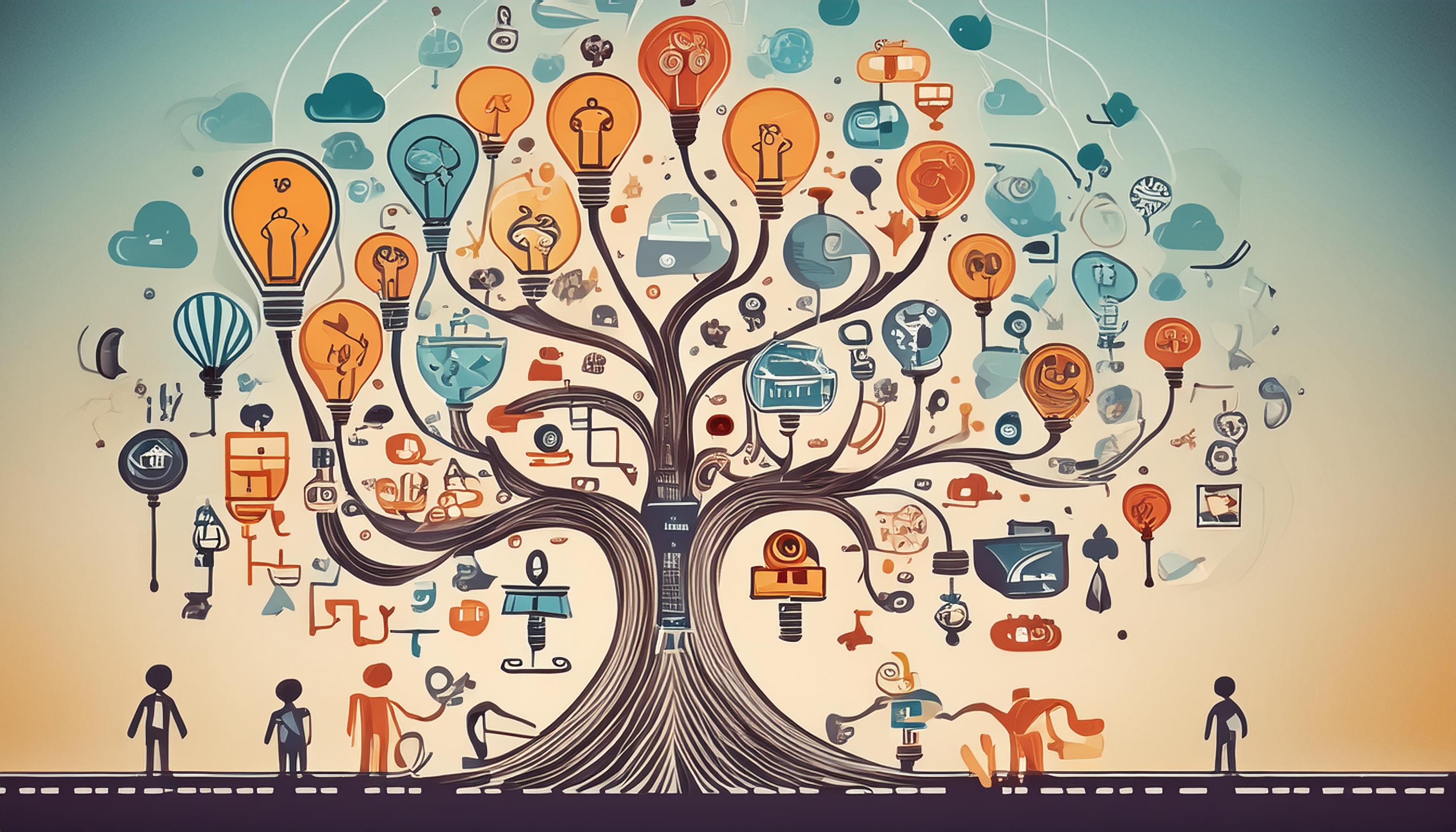 Baum der kreativen Ideen mit vielen bunten Glühbirnen und Symbolen, die verschiedene Aspekte der Kreativität und Innovation darstellen