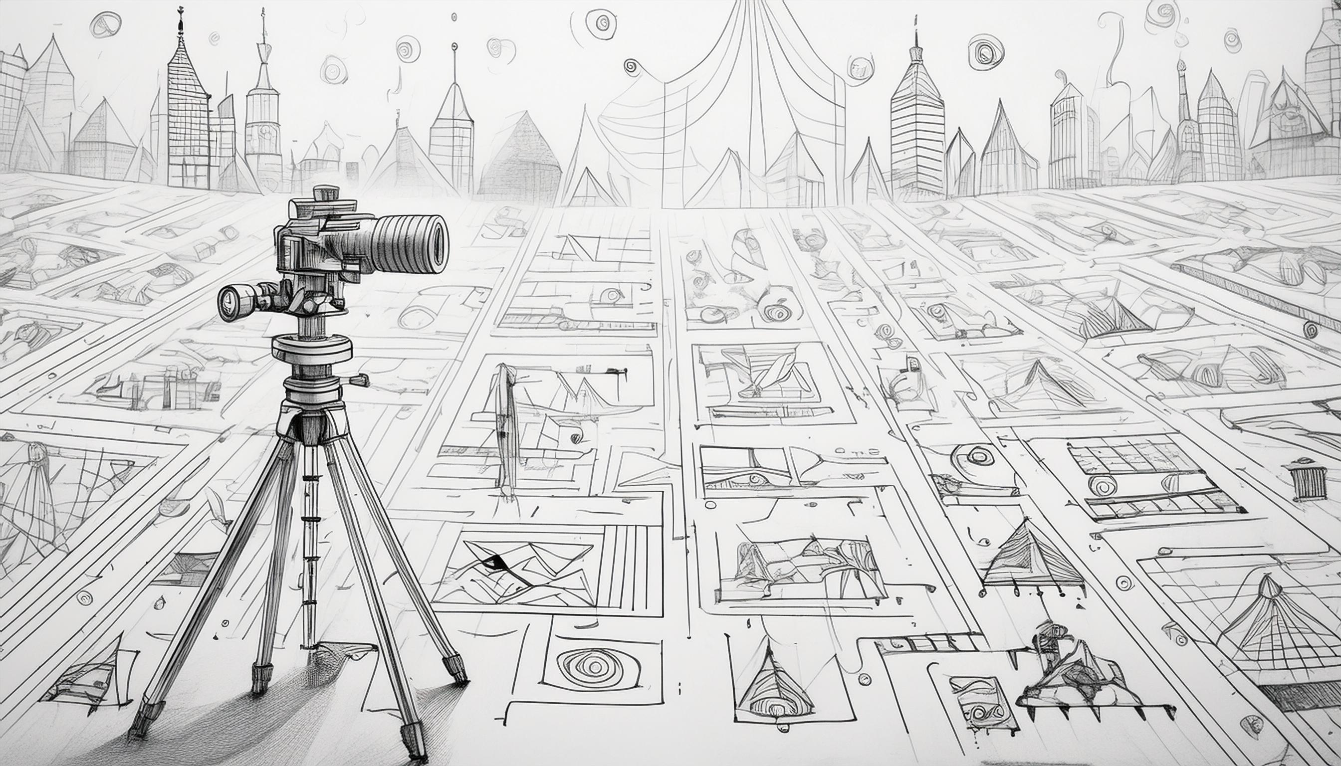 Eine skizzenhafte Zeichnung eines Kamerastativs, umgeben von technischen Diagrammen und Entwürfen, mit stilisierten Wolkenkratzern und futuristischen Gebäuden im Hintergrund.