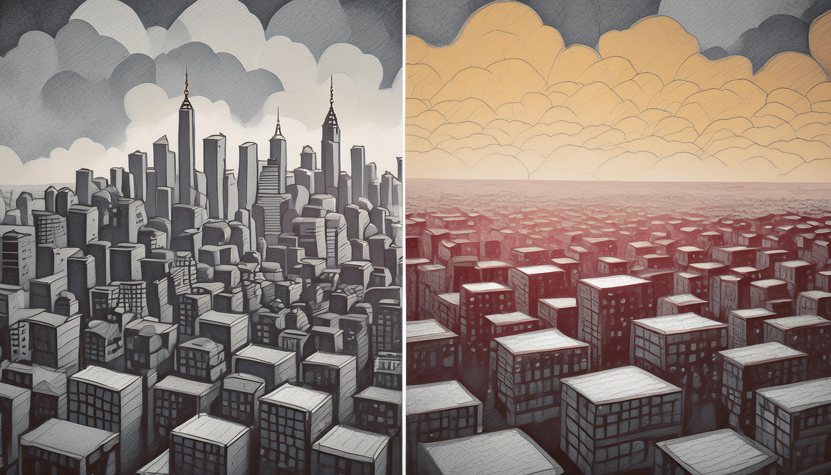 Ein gezeichnetes Bild einer Großstadt-Skyline mit Wolkenkratzern und dicht bebauten Gebäuden, kontrastreich in Schwarz-Weiß und rötlichen Tönen dargestellt.