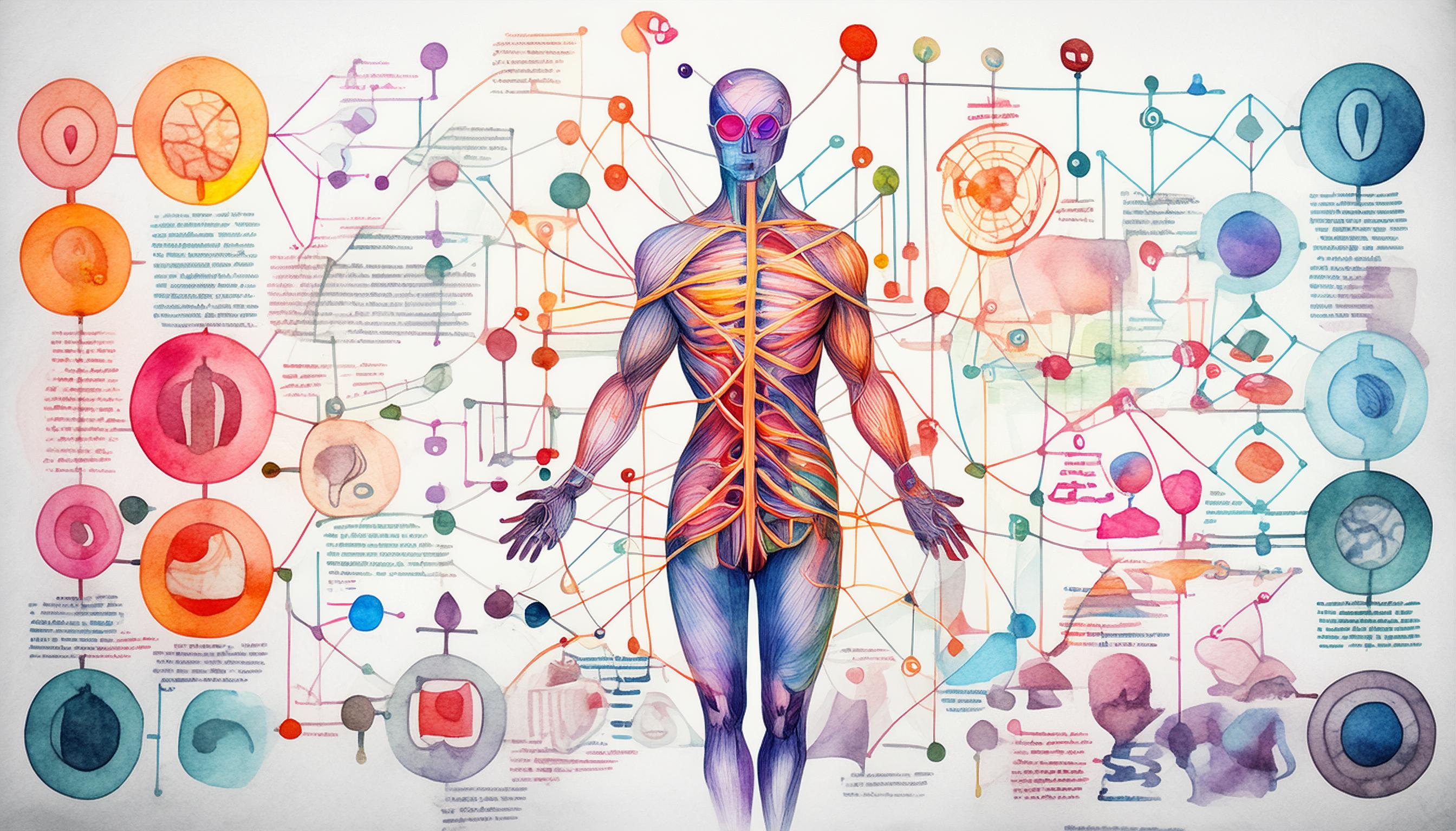 Eine detaillierte, farbenfrohe Infografik des menschlichen Körpers, die verschiedene anatomische Strukturen und Systeme zeigt. Die Grafik ist reich an Informationen und verbindet wissenschaftliche Illustration mit klarer visueller Kommunikation.