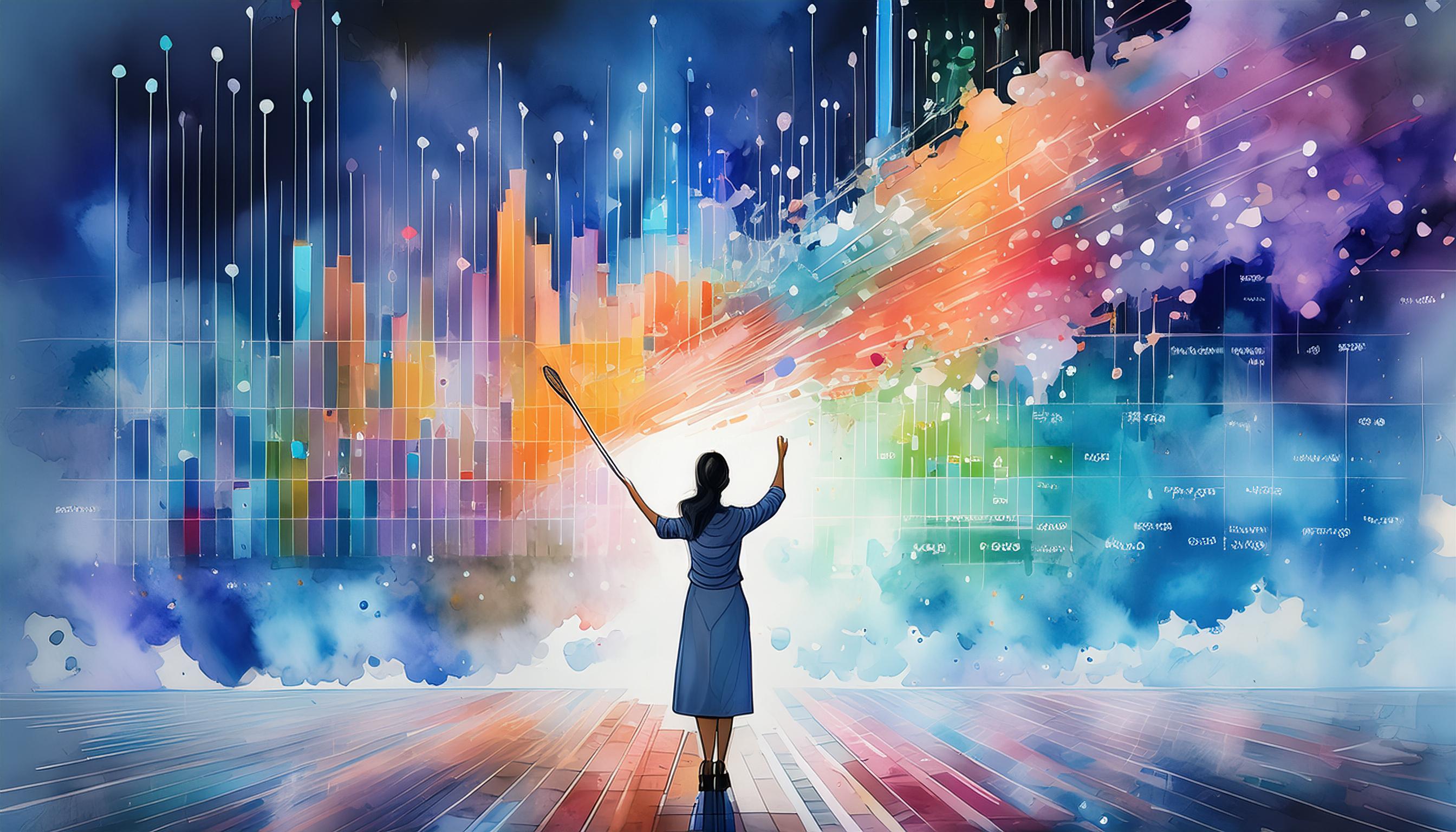 Eine Person steht vor einer großen Leinwand, auf der bunte, leuchtende Grafiken und Datenvisualisierungen dargestellt sind. Die Szene vermittelt den Eindruck, dass die Person eine kreative Präsentation oder eine datenbasierte Geschichte erstellt.