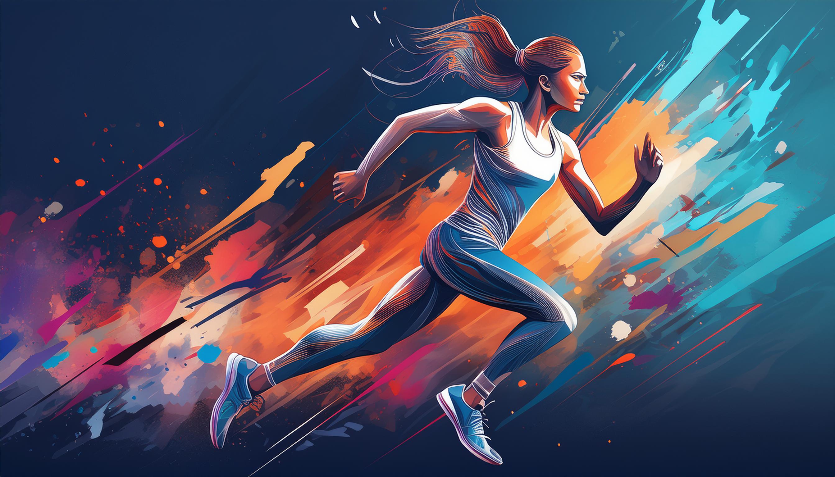 Eine dynamische Illustration einer Frau im Sportoutfit, die mit hoher Geschwindigkeit läuft. Hinter ihr verschwimmen Farben und Formen zu einem lebhaften, energetischen Hintergrund, der die Geschwindigkeit und Kraft der Läuferin betont.