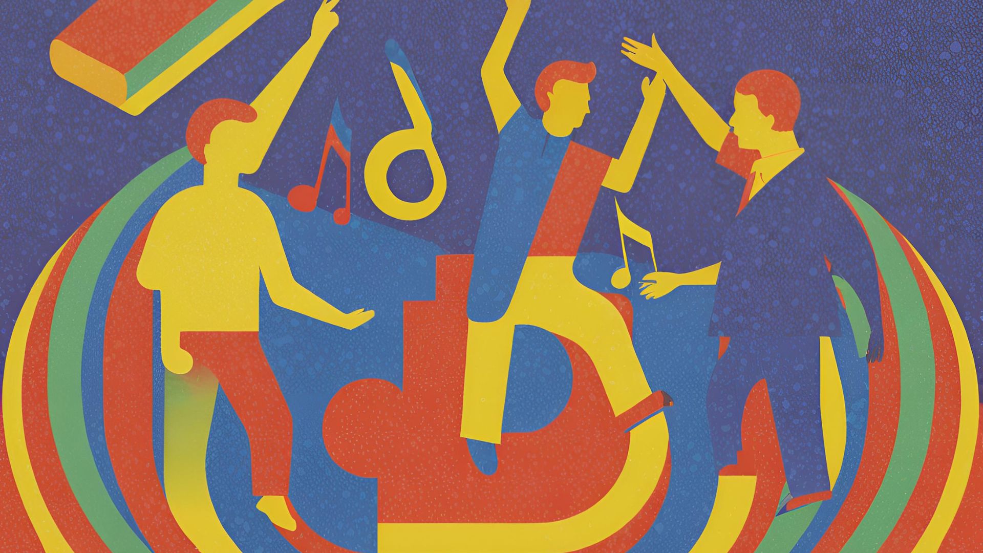 Bunte Illustration von tanzenden Figuren, die von Musiksymbolen und einem regenbogenfarbenen Hintergrund umgeben sind, was die Freude und Energie der Musik und des Tanzes einfängt.