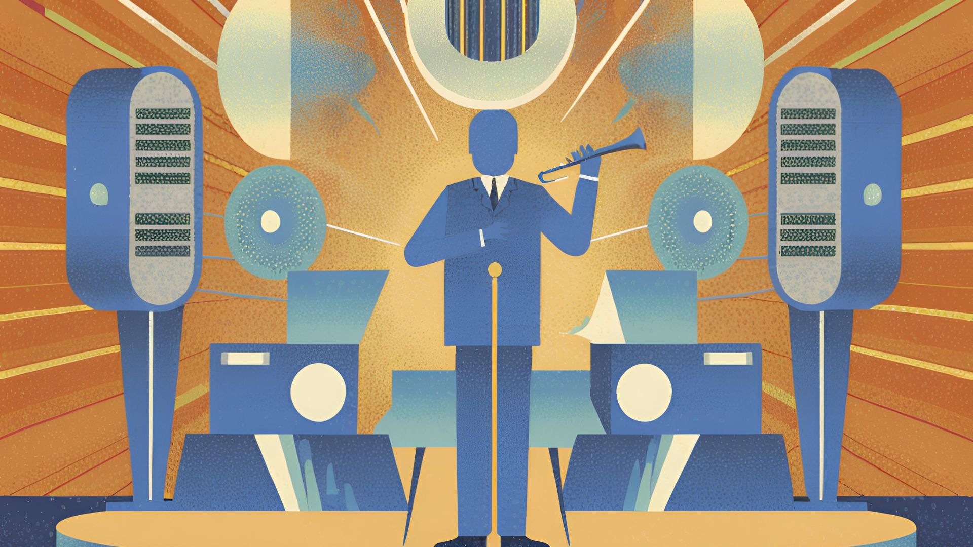 Illustration eines Musikers mit einem Blasinstrument, umgeben von großen Mikrofonen und Lautsprechern vor einem strahlenden, gelb-orangenen Hintergrund, der Harmonie und musikalische Perfektion symbolisiert.
