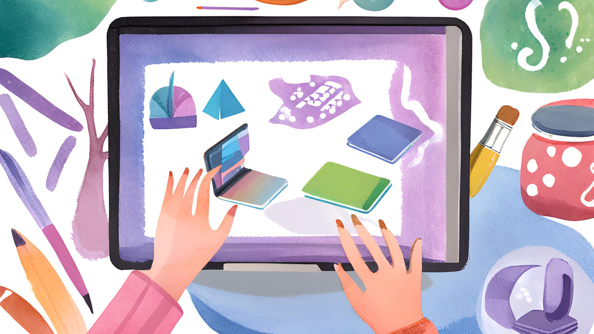 Aquarellillustration eines Tablets mit Lernmaterialien und Händen, die auf dem Bildschirm arbeiten, um die Erstellung und Nutzung interaktiver Lernmodule im E-Learning zu veranschaulichen.