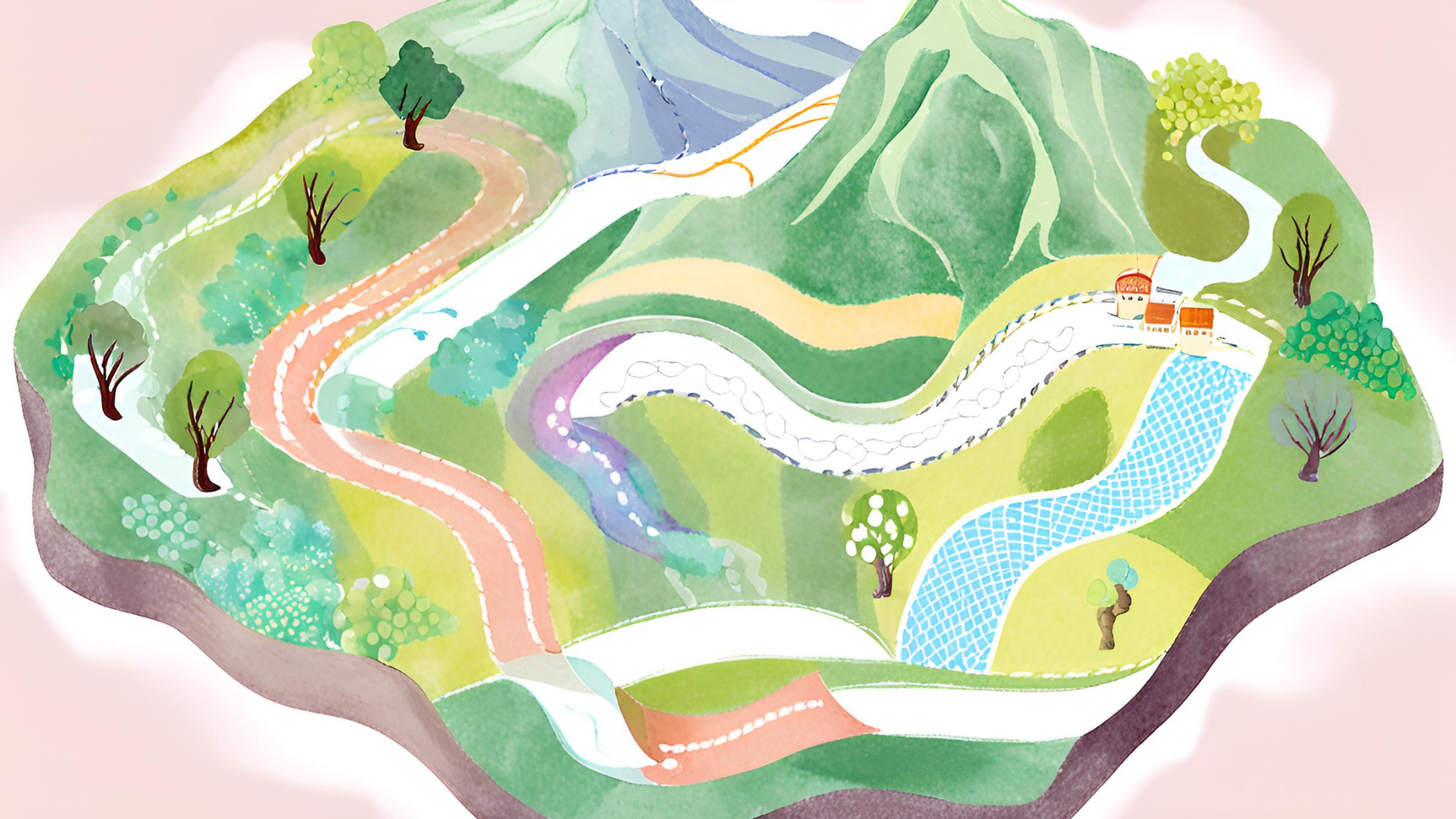 Aquarellillustration einer Landschaft mit verschiedenen Wegen, Flüssen und Bergen, die die individuellen Lernwege und die Anpassung an die Lernbedürfnisse der Lernenden symbolisieren.