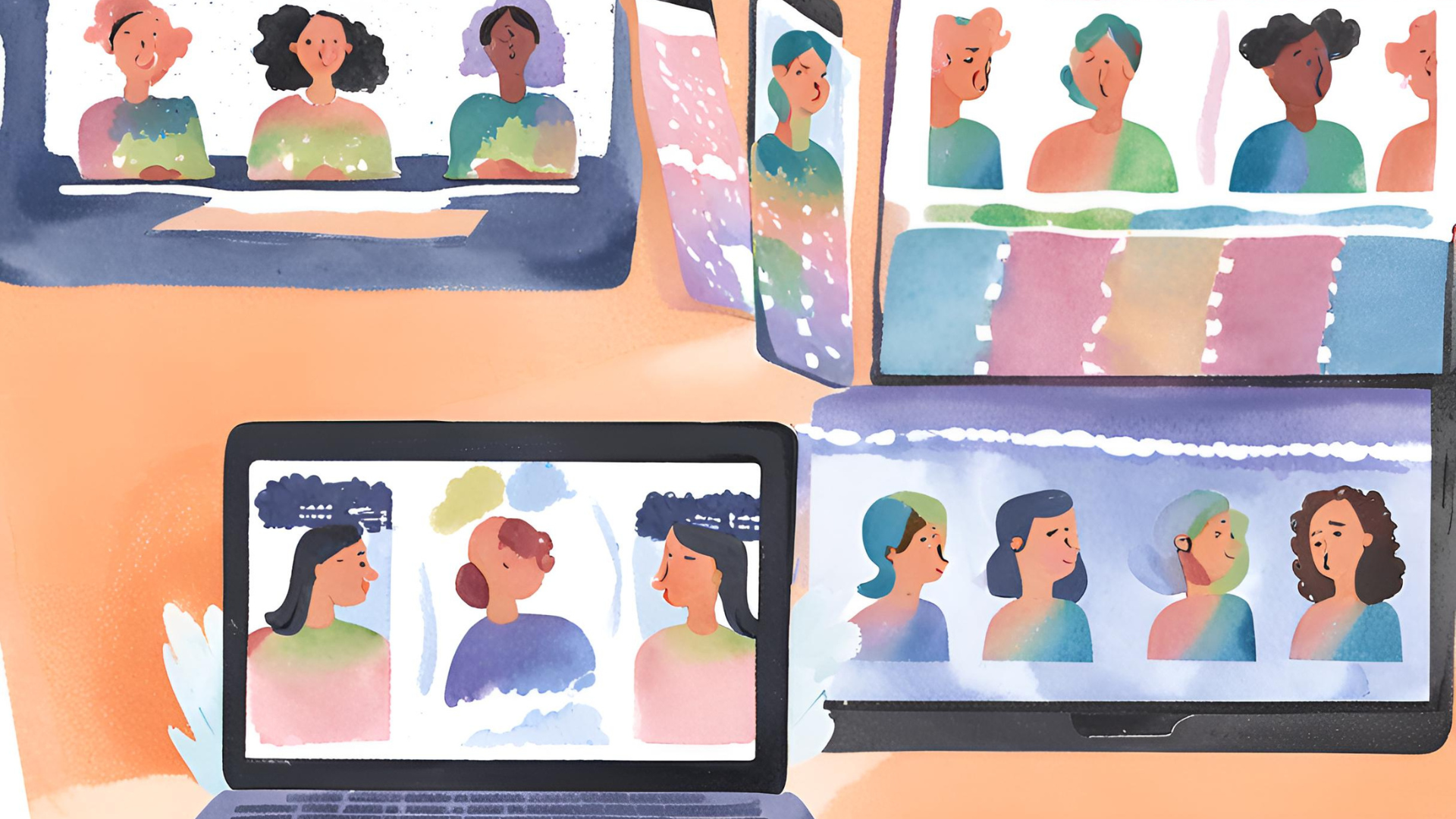 Aquarellillustration mehrerer Computer- und Smartphone-Bildschirme, auf denen Menschen in Videokonferenzen zu sehen sind, um den Unterschied zwischen synchronem und asynchronem Lernen zu verdeutlichen.