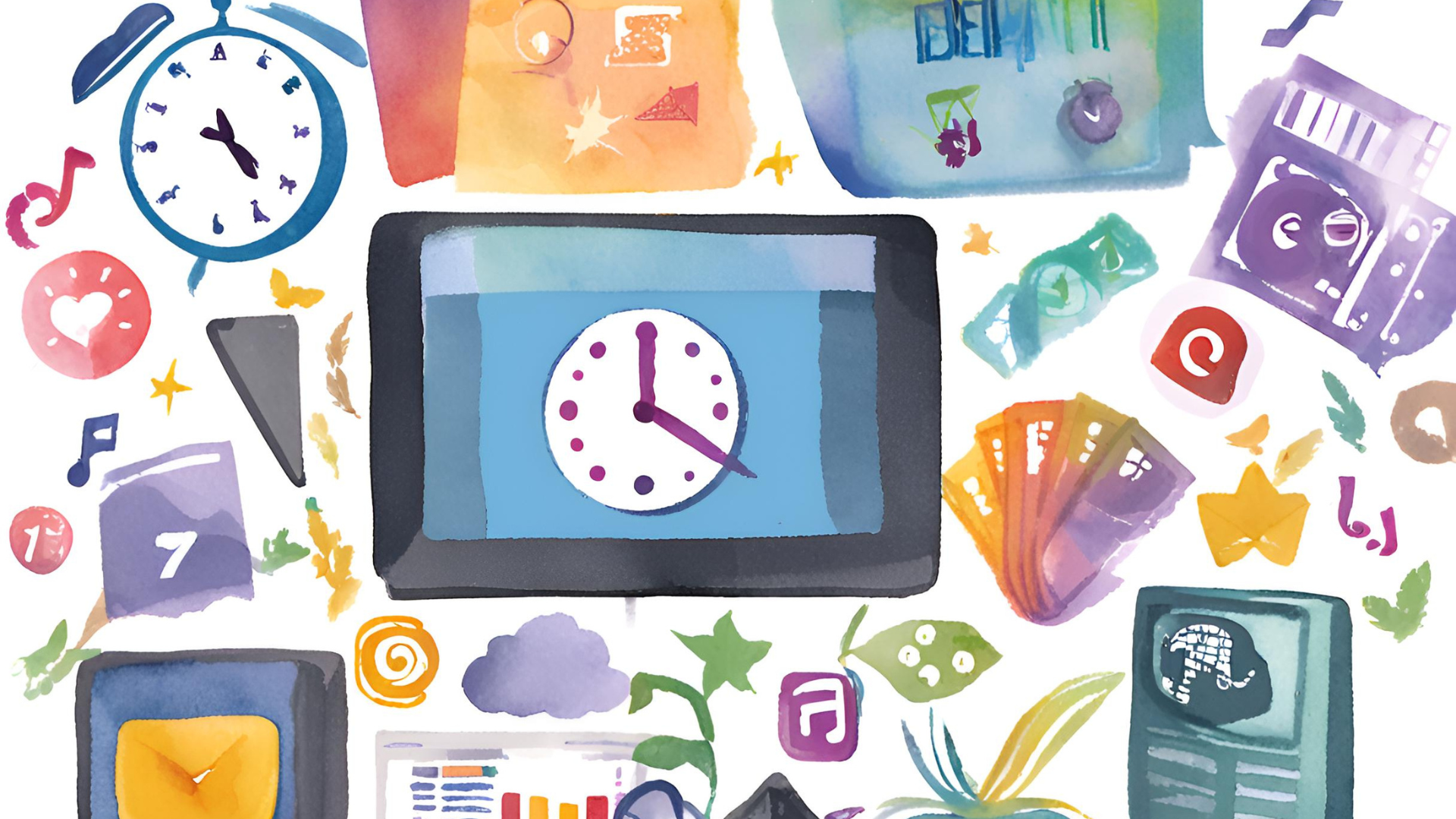Aquarellillustration verschiedener E-Learning-Symbole, darunter Uhren, Computerbildschirme und Musiknoten, die die Vielseitigkeit und Vorteile von Videos im E-Learning darstellen.