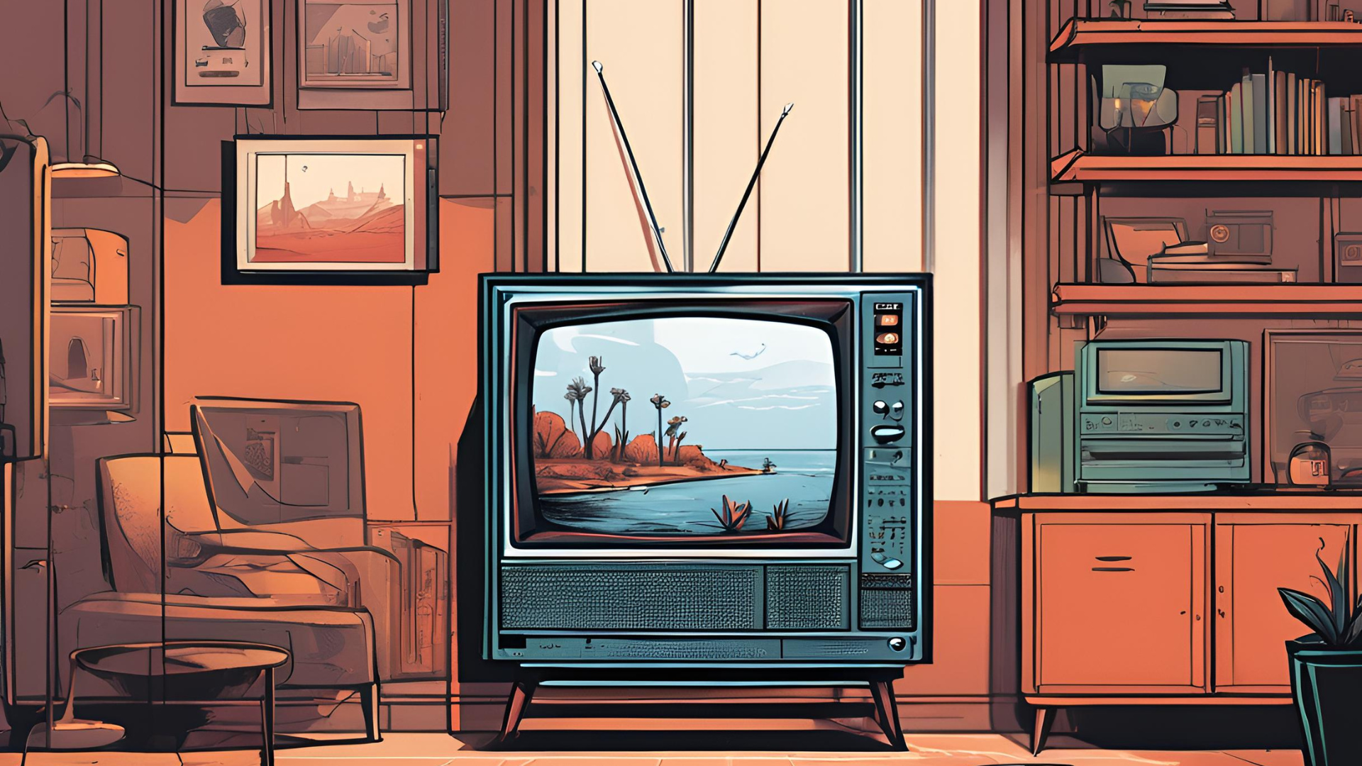 Illustration eines klassischen Fernseherbildschirms in einem Wohnzimmer, der eine Landschaft zeigt, um die Bedeutung von Produktvideos in einer heimischen Umgebung zu symbolisieren.