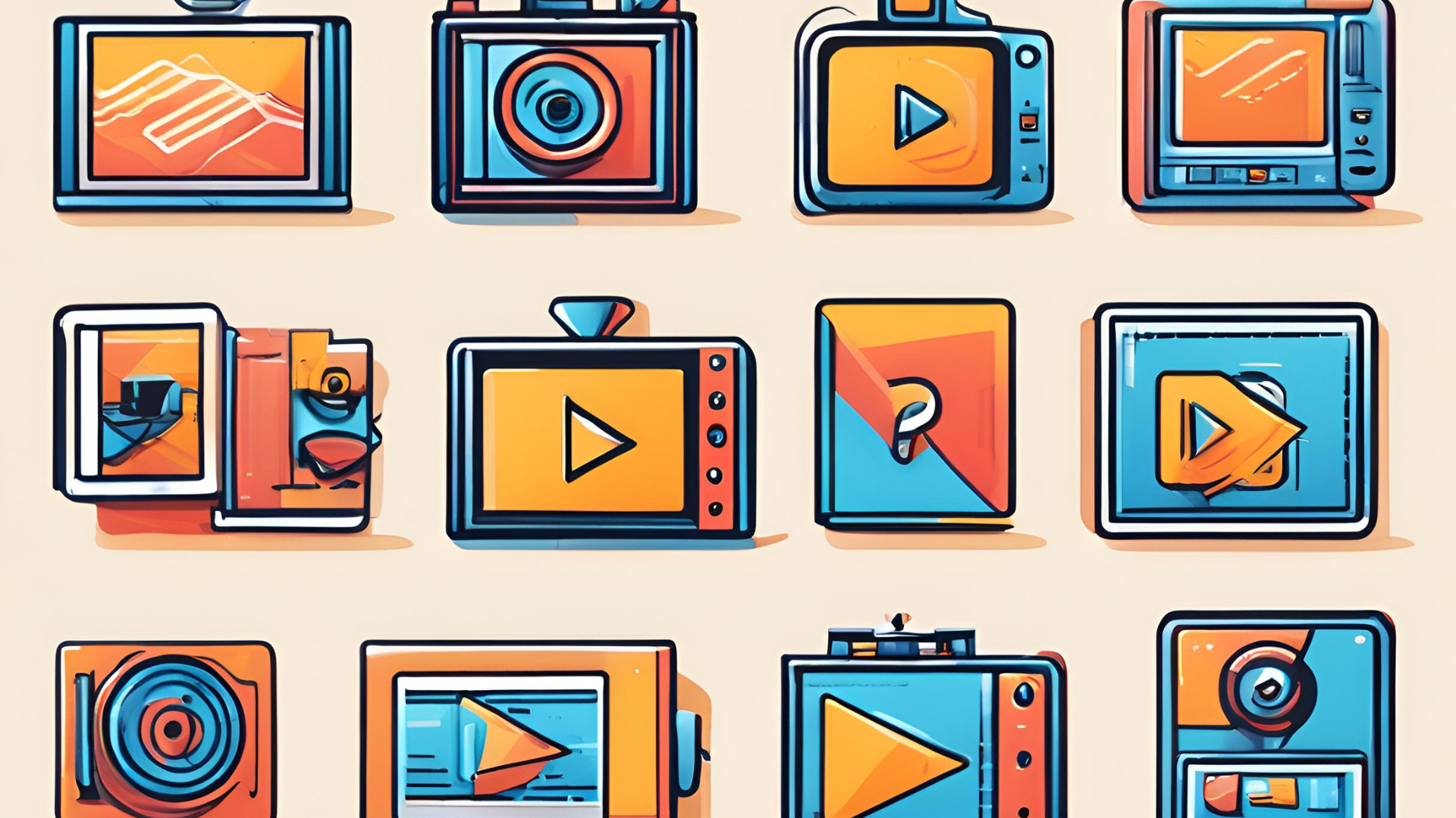 Illustration verschiedener Bildschirme und Kamerasymbole, die die Unterschiede und Vergleiche zwischen verschiedenen Arten von Produktvideos aufzeigen.