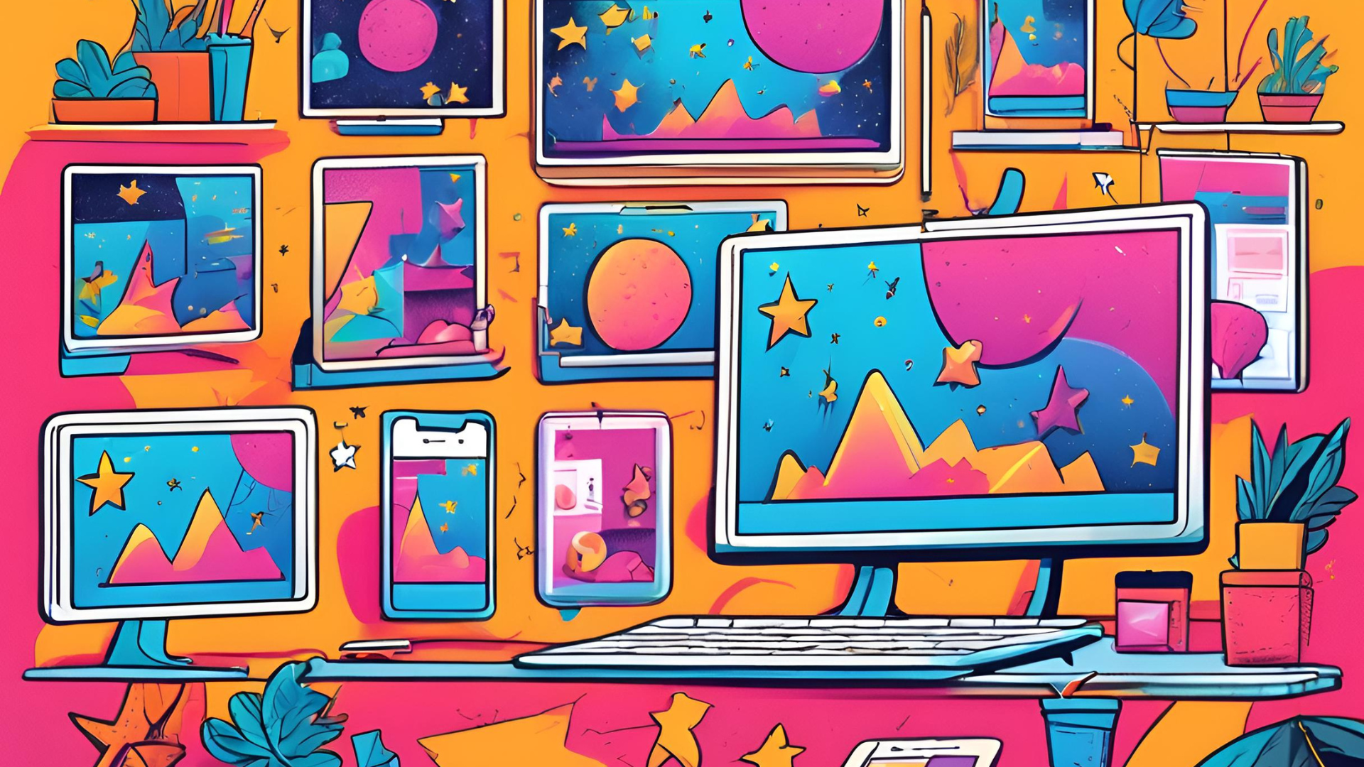 Bunte Illustration mehrerer Bildschirme und Geräte, die verschiedene Szenarien und Inhalte anzeigen, um die Vielfalt und Kreativität von Produktvideos zu demonstrieren.