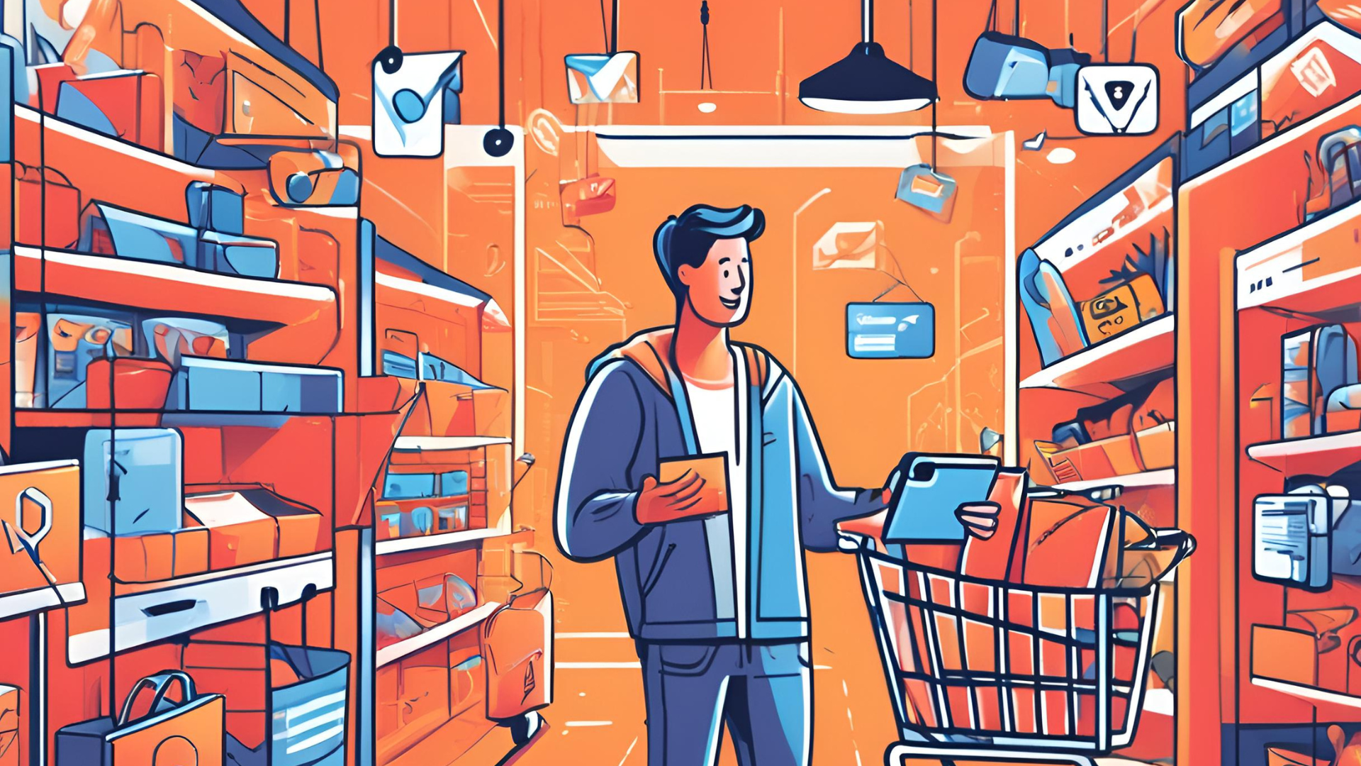 Illustration eines Mannes, der durch einen Laden geht und verschiedene Produkte in einem Einkaufswagen sammelt, um häufige Missverständnisse im Einzelhandel oder Online-Shopping darzustellen.