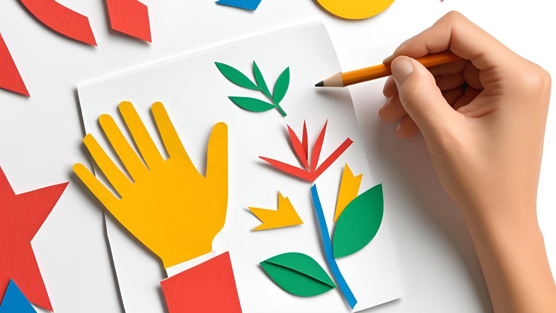 Illustration einer Hand, die mit buntem Papier eine Collage aus Blumen und Formen erstellt, um den kreativen Prozess der Storyboard-Erstellung darzustellen.