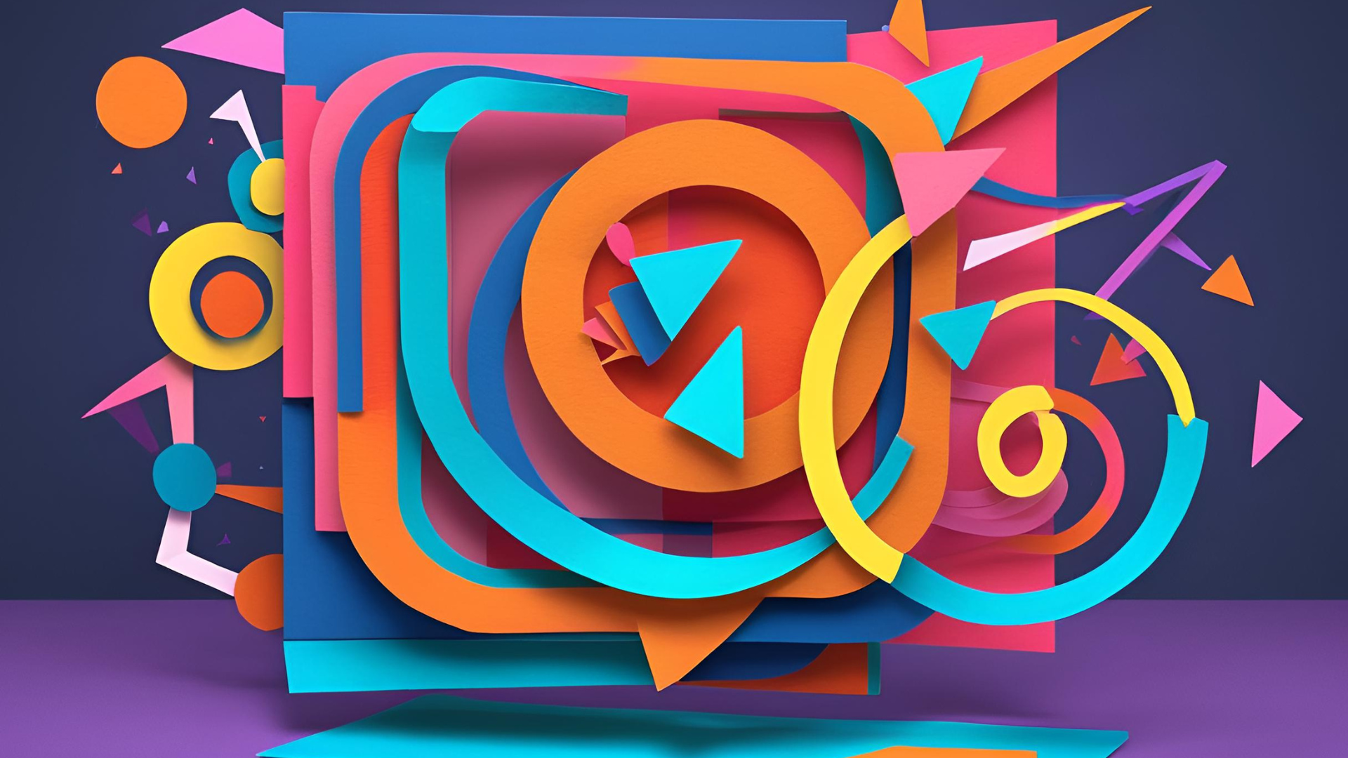 Bunte, abstrakte Illustration von geometrischen Formen in verschiedenen Farben, die die dynamische und auffällige visuelle Wirkung von Produktvideos symbolisieren.