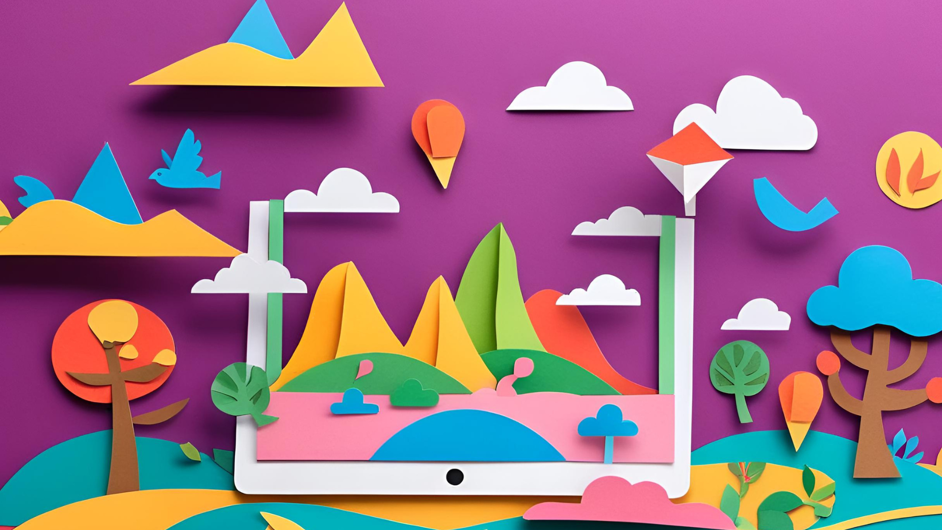 Bunte Illustration einer Landschaft mit Bergen, Bäumen und Vögeln, die aus einem Tablet-Bildschirm herausragt, um die immersive und fesselnde Natur von Produktvideos zur Verbesserung der Kundenbindung zu symbolisieren.