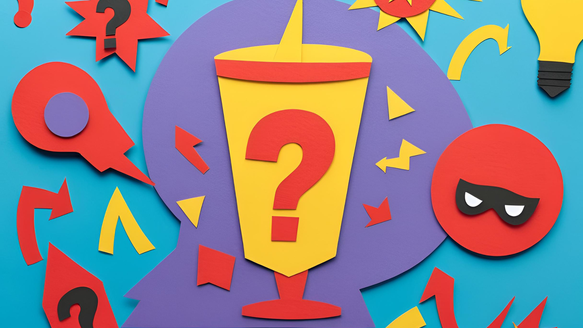 Illustration eines großen Getränkebecher-Symbols mit Fragezeichen und verschiedenen bunten Symbolen im Hintergrund, die die Fähigkeit von Produktvideos darstellen, Kunden bei der richtigen Kaufentscheidung zu unterstützen und Fehlkäufe zu minimieren.