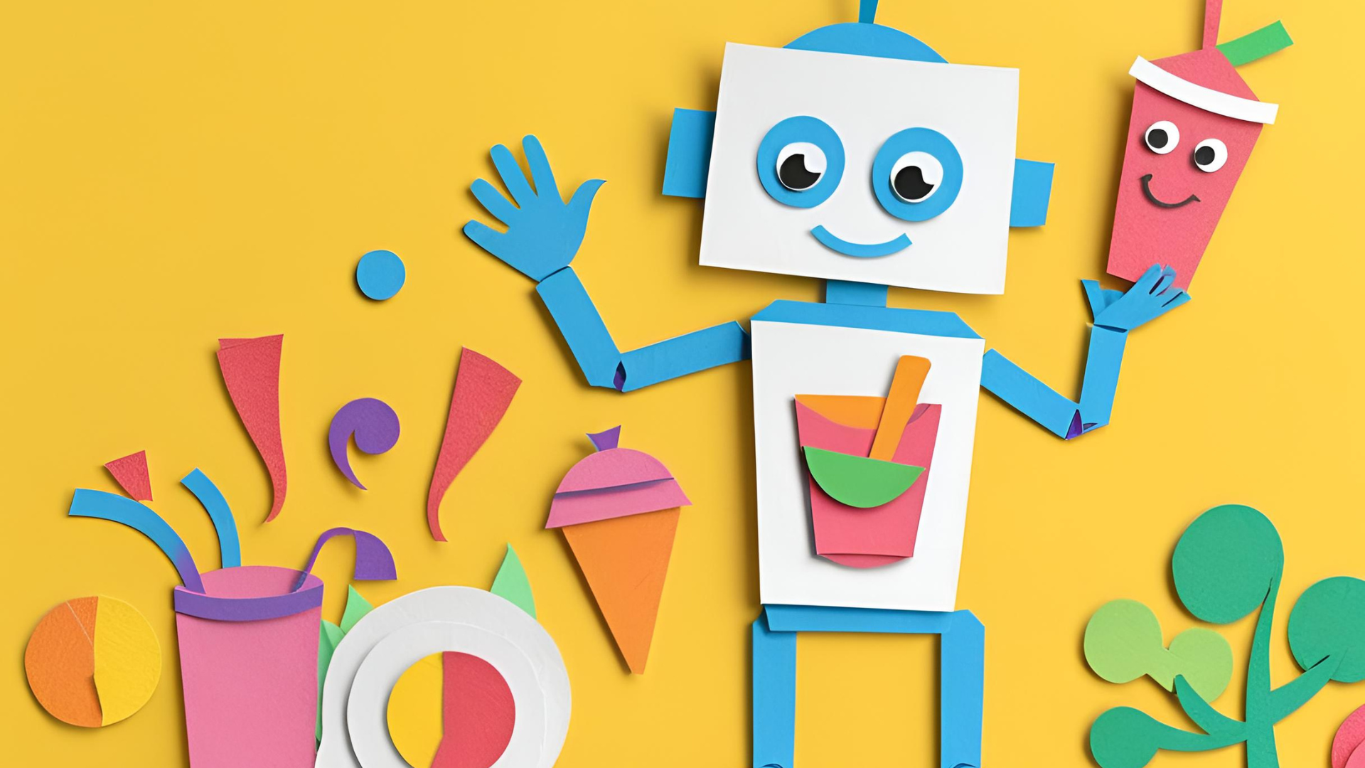 Illustration eines freundlichen Roboters mit bunten Getränken und Eiscreme vor einem gelben Hintergrund, der die spielerische und kreative Art von Produktvideos zur Optimierung des SEO-Rankings veranschaulicht.