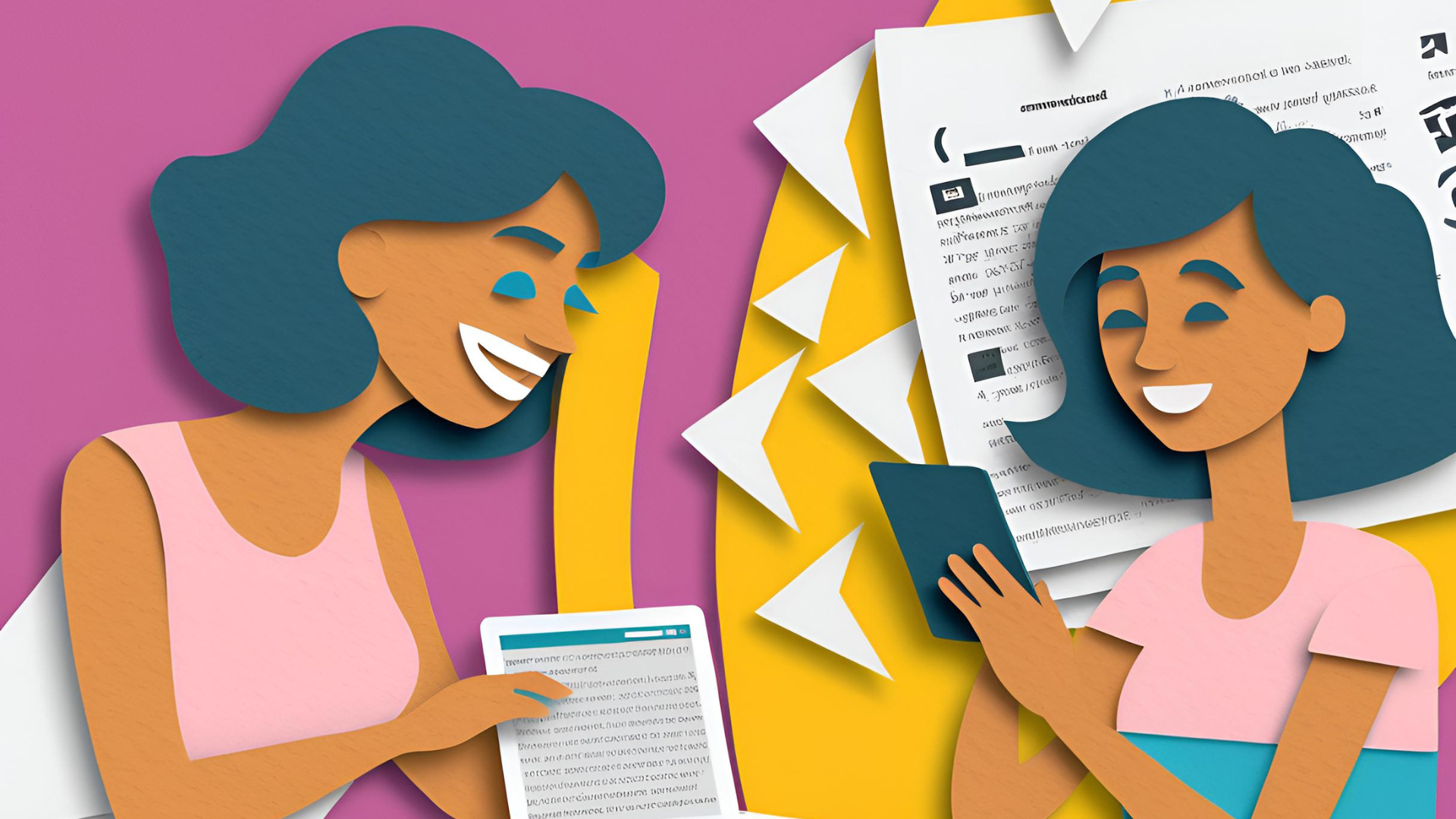 Illustration zweier lachender Frauen, die auf einem Tablet und einem Smartphone lesen, um die positive Auswirkung von Produktvideos auf die Conversion-Rate zu symbolisieren.