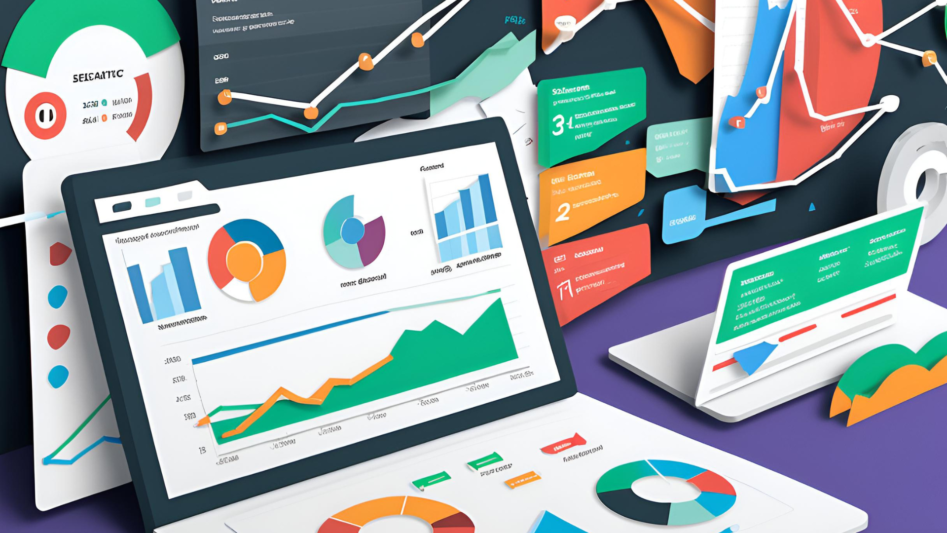Bunte Illustration von Computern und Diagrammen, die verschiedene Analysen und Statistiken darstellen, um die Optimierung des SEO-Rankings durch Produktvideos zu veranschaulichen.