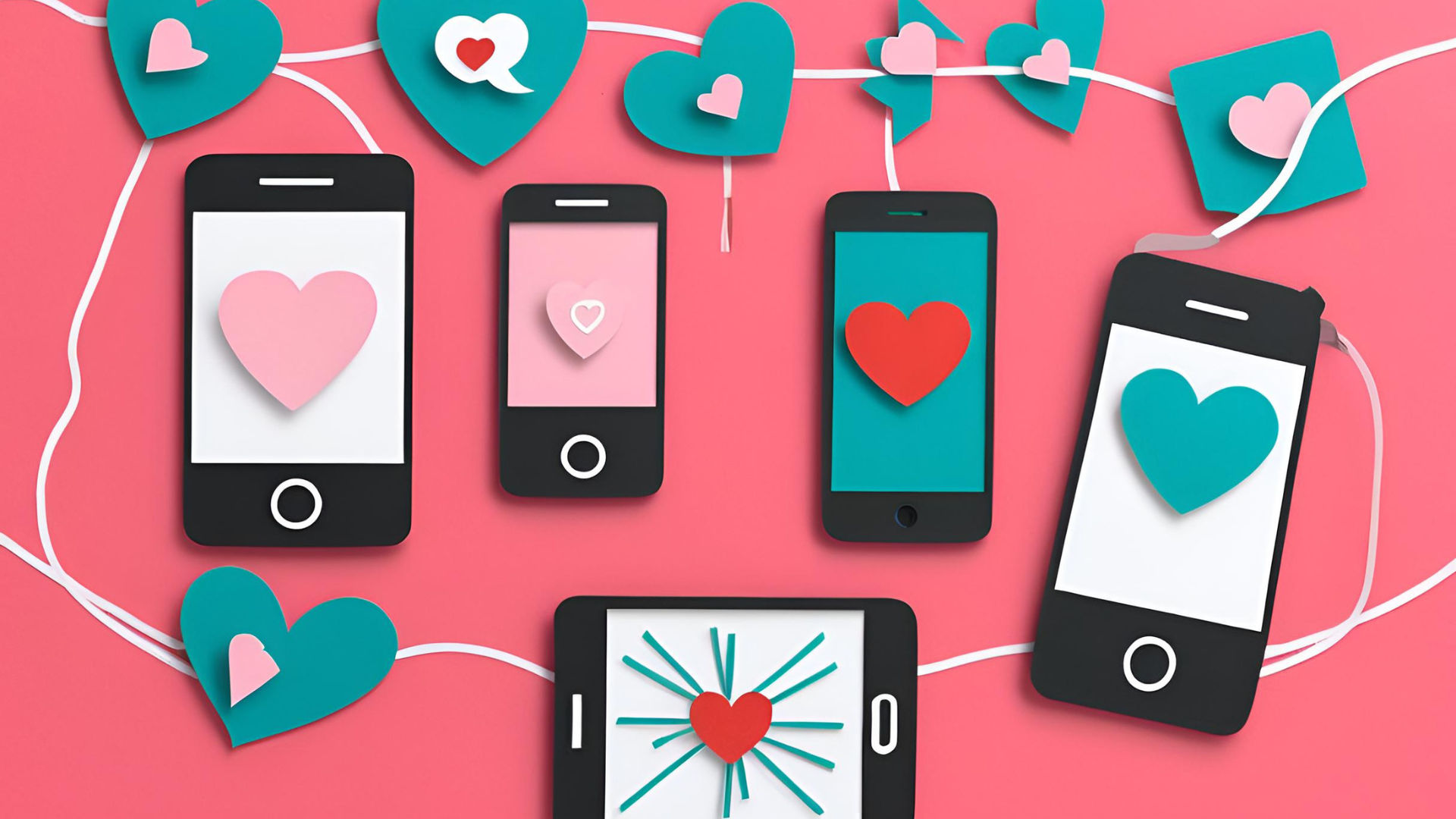 Illustration von Smartphones und Tablets mit Herzsymbolen, die durch Verbindungslinien miteinander verknüpft sind, um die Verbesserung der Kundenbindung durch den Einsatz von Produktvideos zu zeigen.