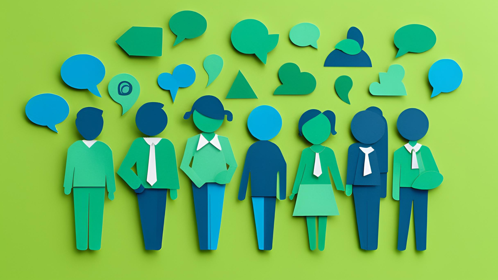 Illustration einer Gruppe von Personen in verschiedenen Grüntönen mit Sprechblasen über ihren Köpfen, um die Analyse der Zielgruppe und ihre Kommunikation zu symbolisieren.