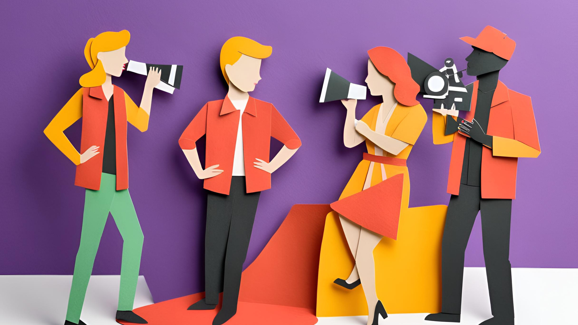 Illustration eines Produktionsteams mit Kameras und Megaphonen, um die Zusammenarbeit und Rollenverteilung innerhalb eines Teams bei der Videoproduktion darzustellen.