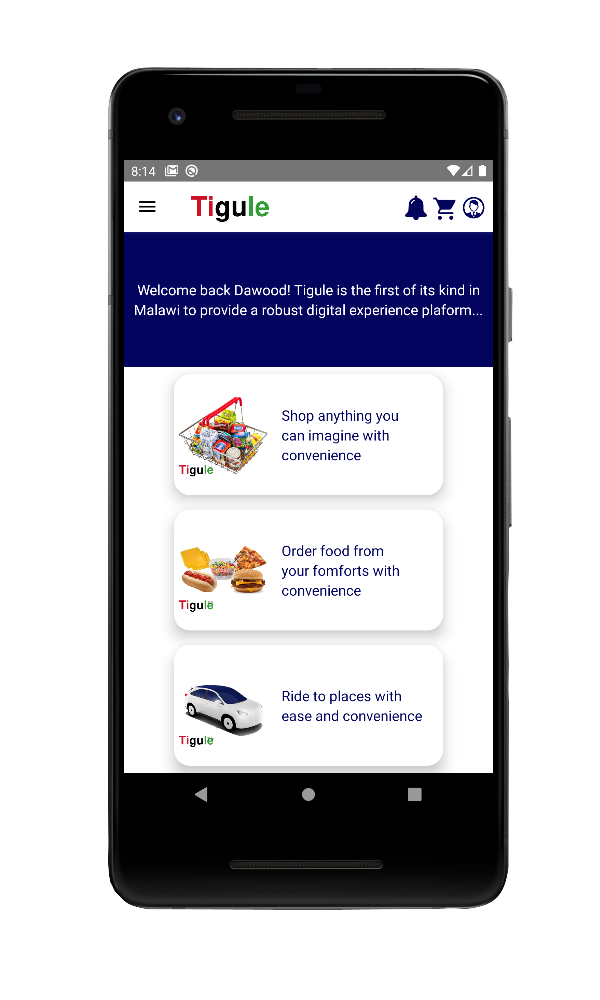 Tigule user logged in, home screen
