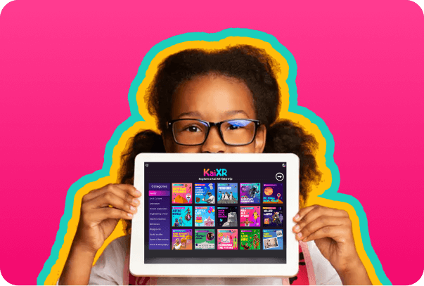 Kid holding tablet with Kai XR virtual field trips