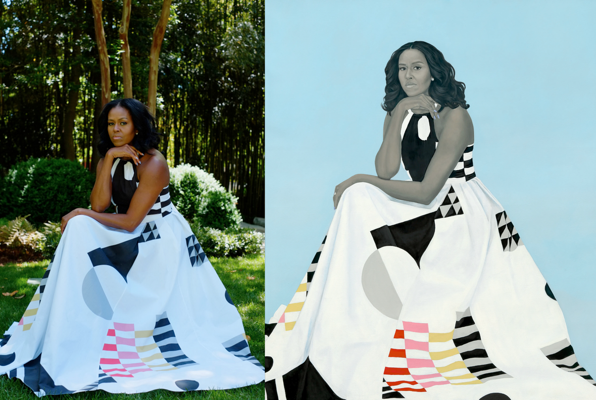 Side by side of a photograph of Michelle Obama and Amy Sherald's portait of her (based on the photo). In each, Michelle Obama wears a white flowing dress with black geometric shapes. She supports her chin on her hand and looks at the camera. In the photo, the background is bright green trees and bushes. In the portrait, the background is a pale gray-blue.