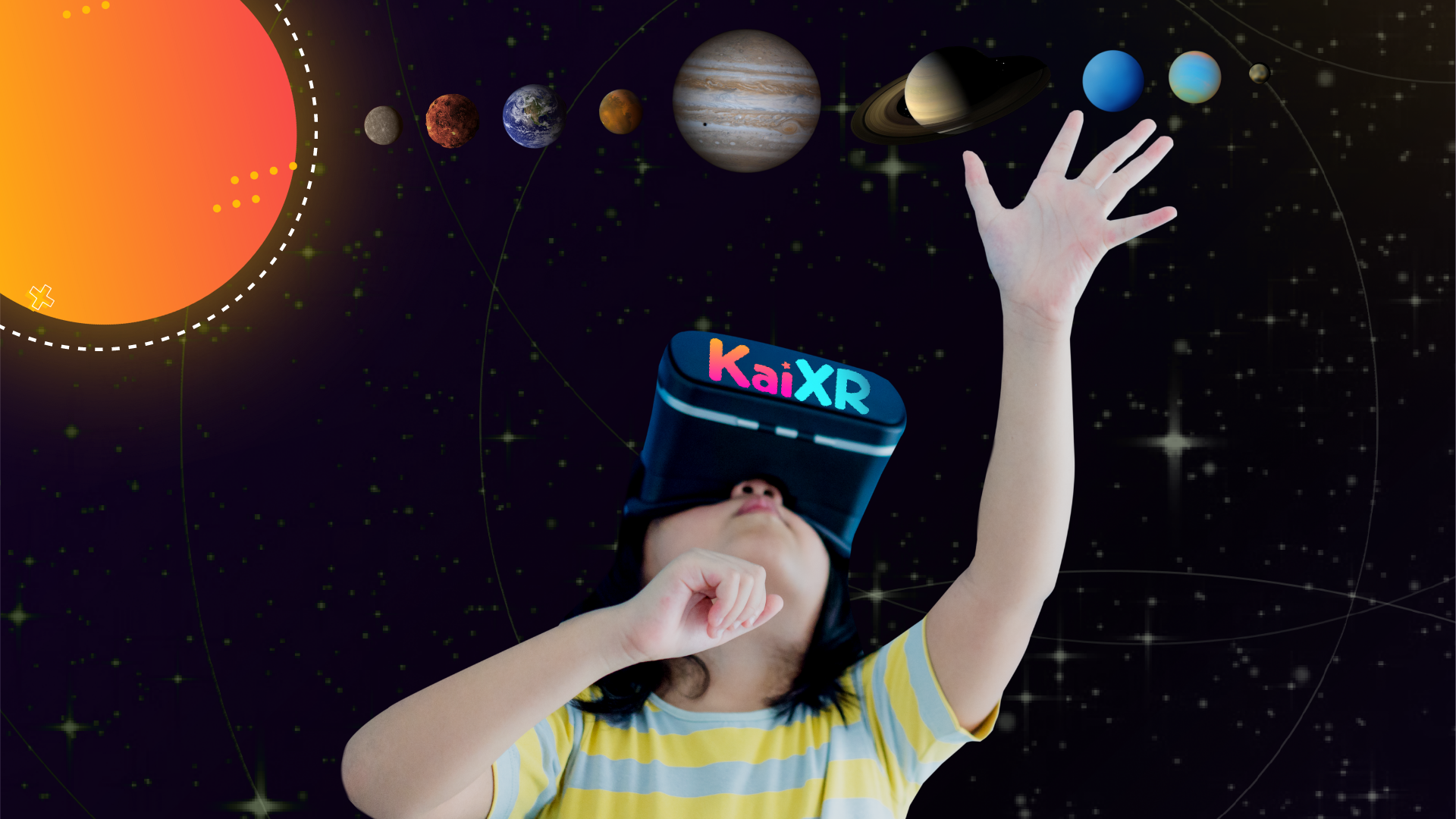 Child reaches upwards while wearing a VR headset. Animated background shows the planets and sun. VR headsets are safe for kids 13+.