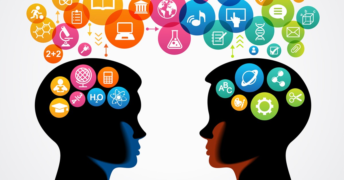 Illustration of 21st century learning skills. Two silhouttes face each other. Orange, yellow, green and blue circles emerge from their heads. Each circle holds an icon (book, DNA, test tube, laptop, calculator) representing a different 21st Century learning skill.