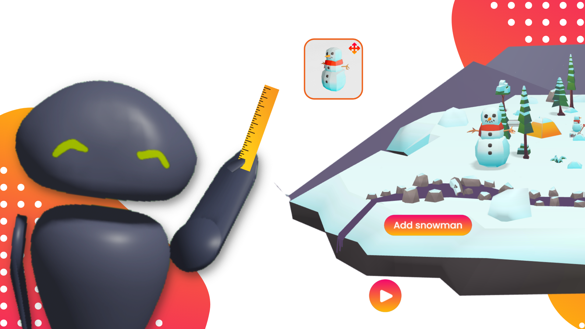 Gray avatar holds up ruler next to a snowy makerspace landscape. Text reads "drag, drop, and play."