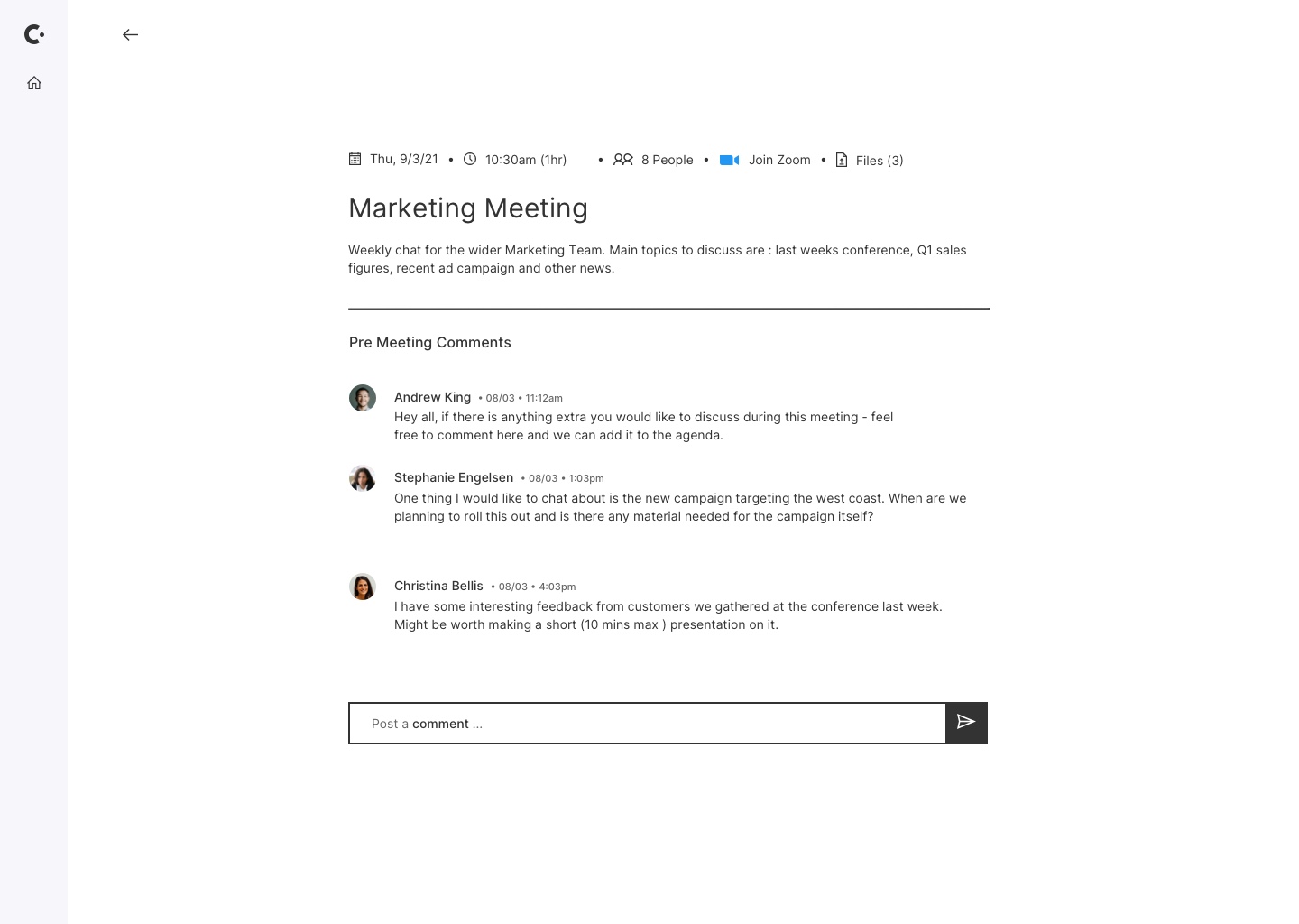Pre-Meeting Pages: Plan, Schedule and Organize meetings collaboratively. Have better meetings