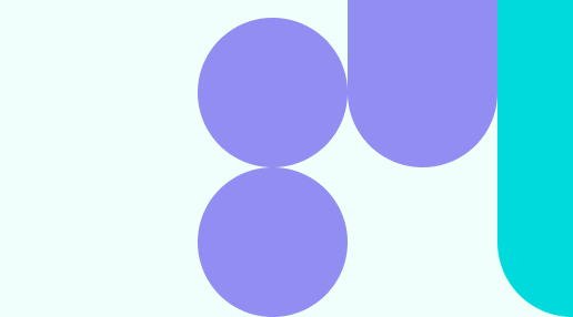 Abstract geometric shapes in purple and teal on a white background, including circles and rounded rectangles.
