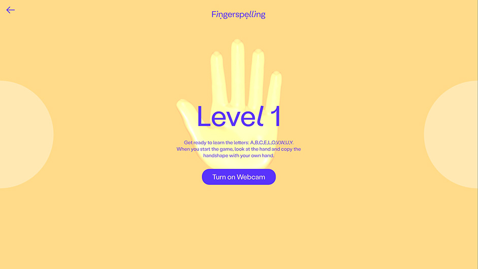 Yellow background with a hand icon, lettering logo, text and a cat button to turn on the camera