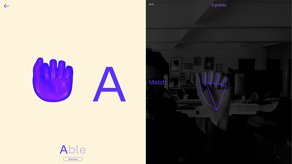 Interaction page with screen record and 3d model of a hand to recreate the movement
