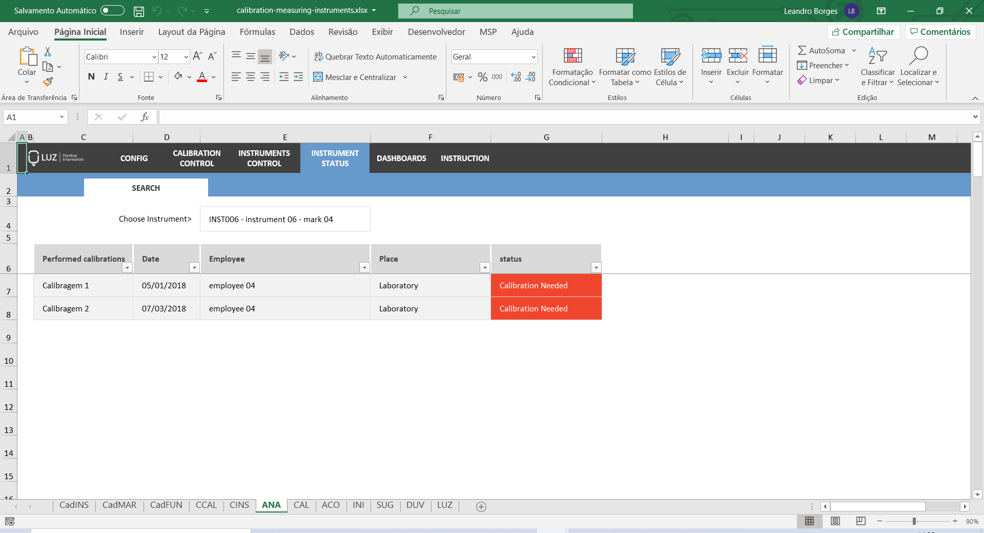 Calibration Control Sheet for Measuring Instruments Excel Spreadsheet