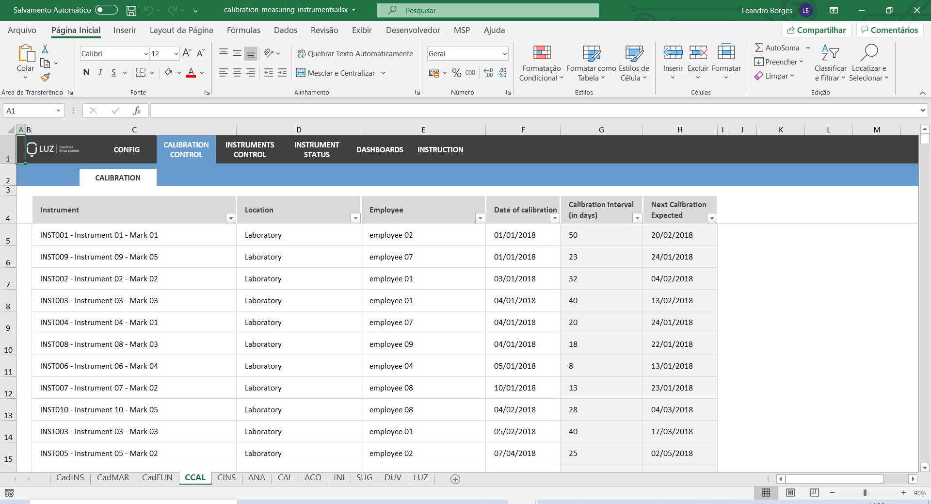 Calibration Control Sheet for Measuring Instruments Excel Spreadsheet