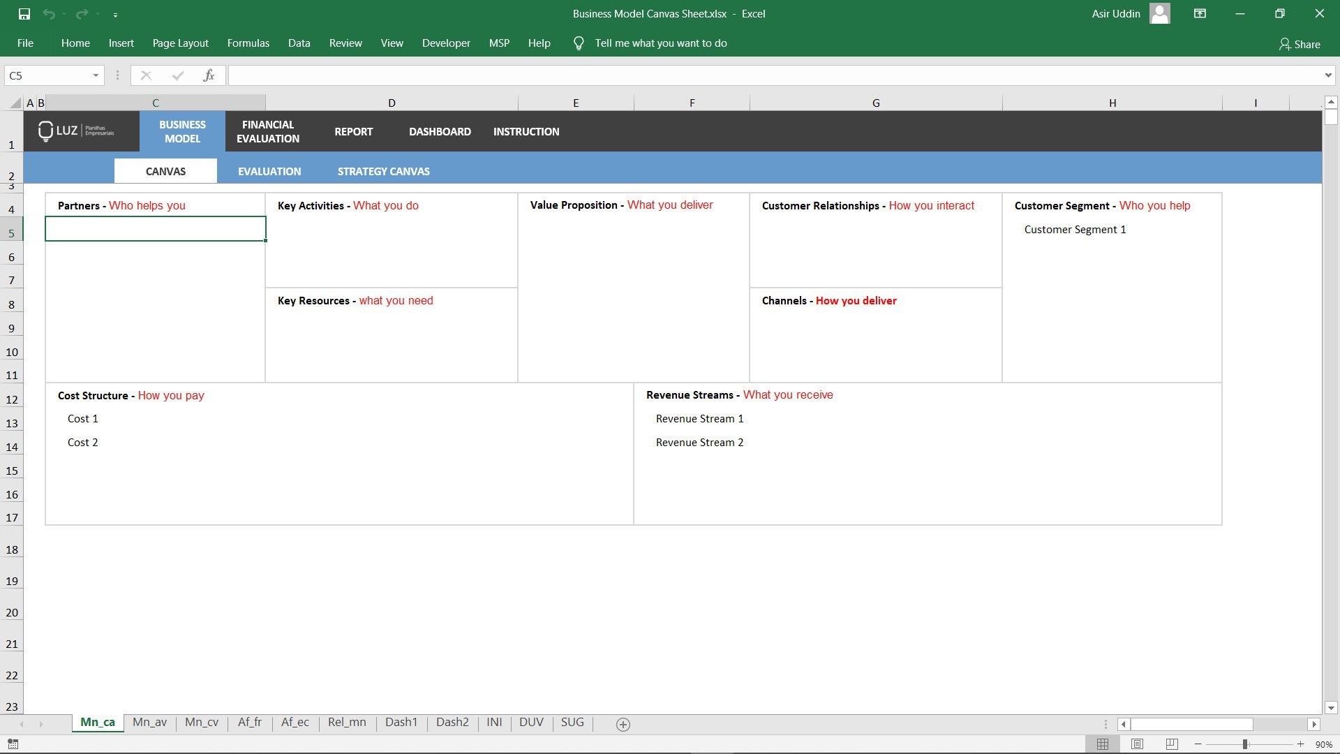 Business Model Canvas Excel Spreadsheet Template - LUZ Templates