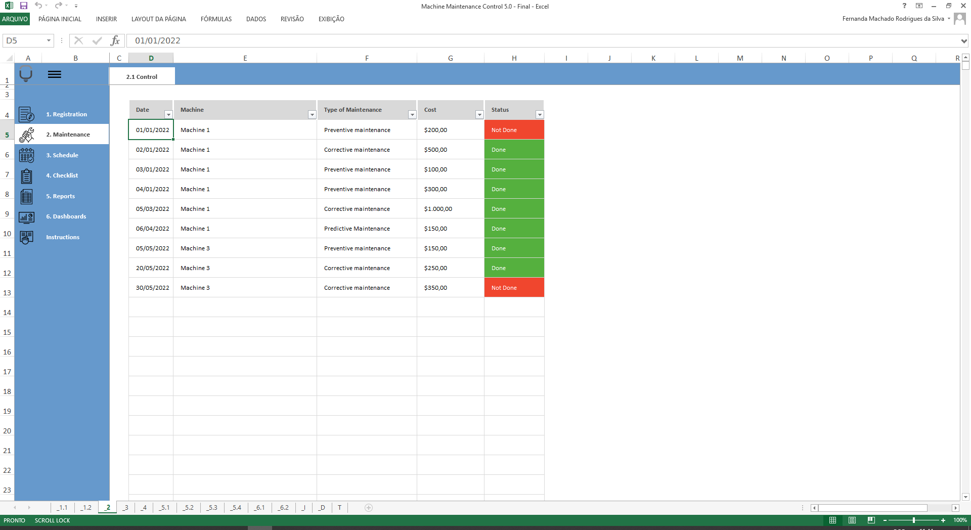 Machine Maintenance Control Spreadsheet Template - LUZ Templates