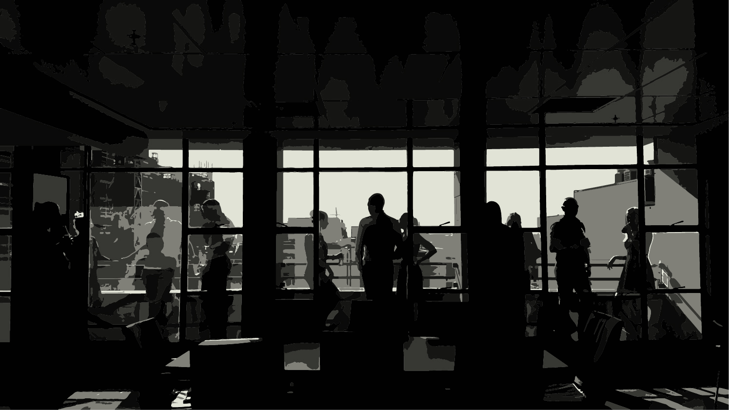 Silhouette photo of Doyle Partners staff enjoying level 8 balcony