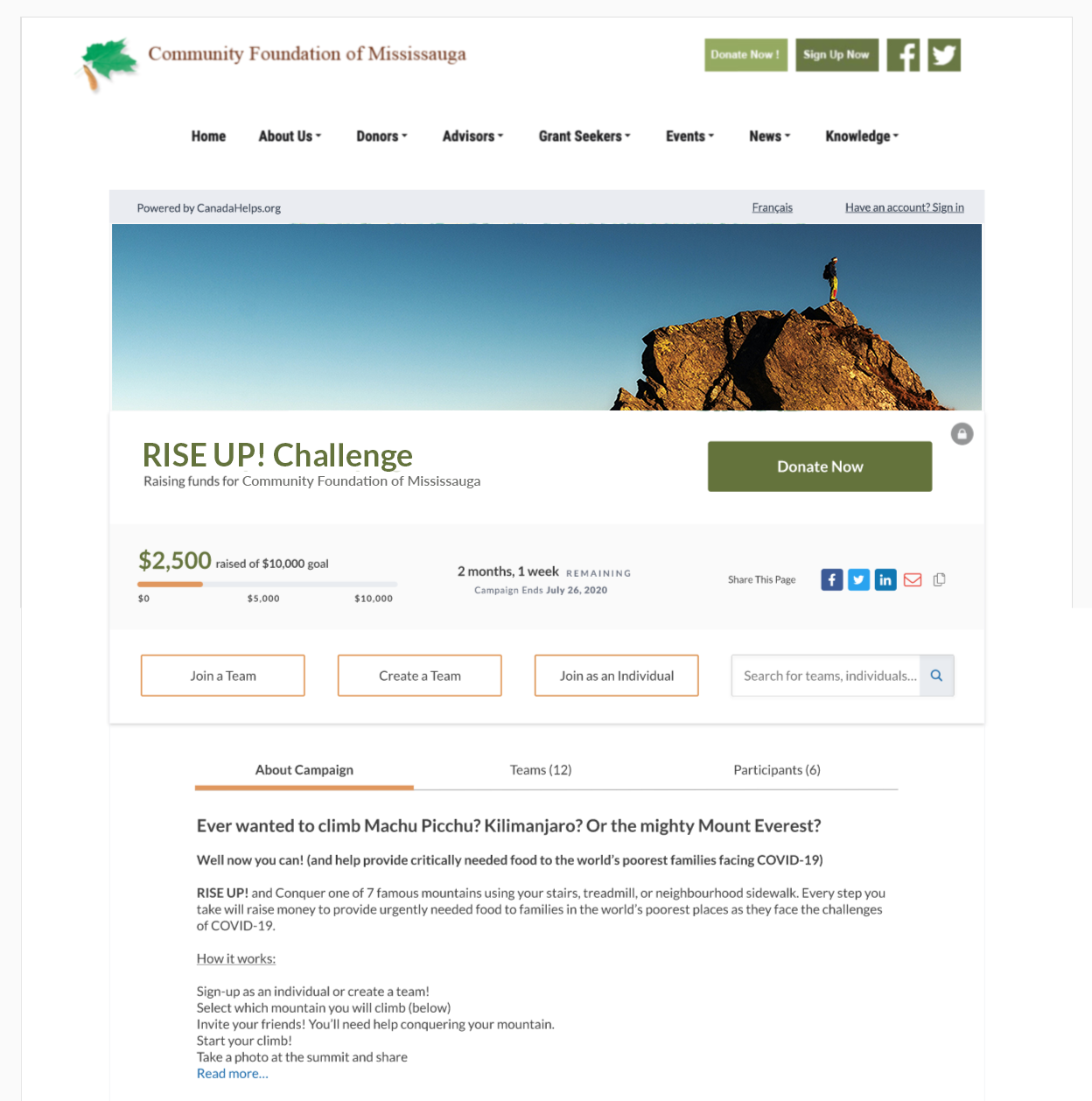 Image showing an embedded P2P campaign on a charity website with header graphic and campaign details
