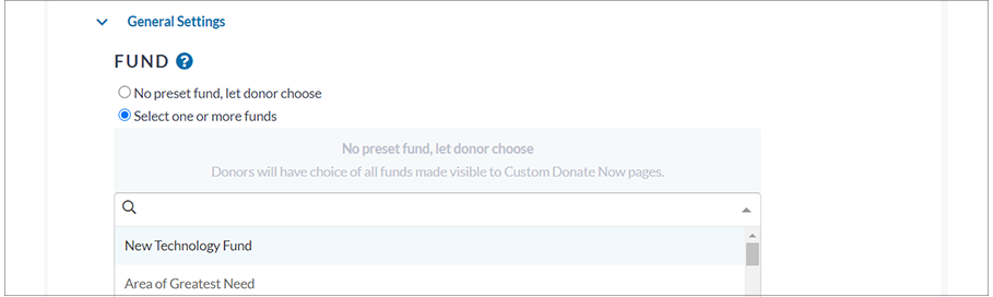 Image showing General Settings and Fund option list.