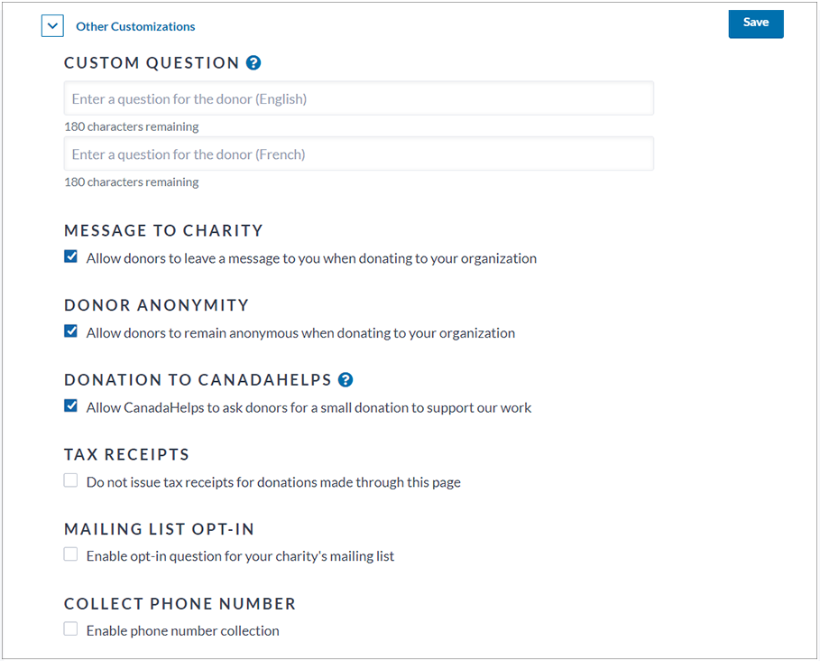 Image showing additional customization options: custom question, message to charity, donor anonymity, donation to CanadaHelps, tax receipts, mailing list opt-in, and collect phon number.