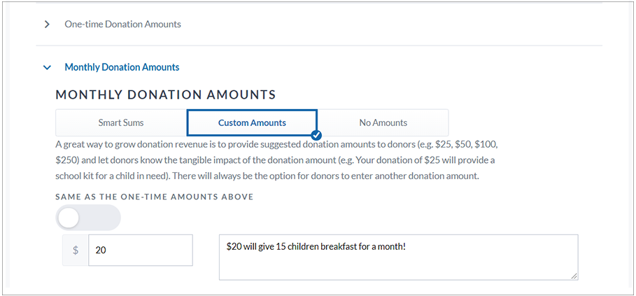 Image showing an example of custom amount $20 with an impact statement saying