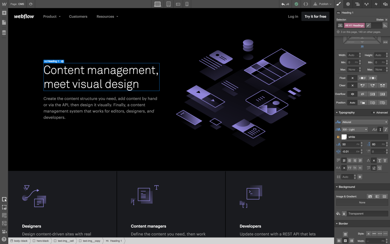 User interface of the Webflow Editor