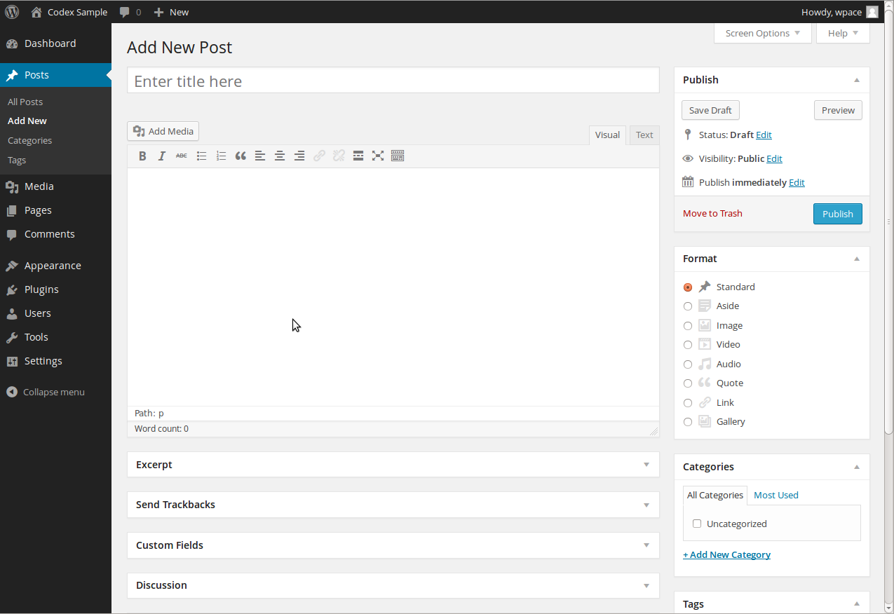 The backend user interface of WordPress CMS