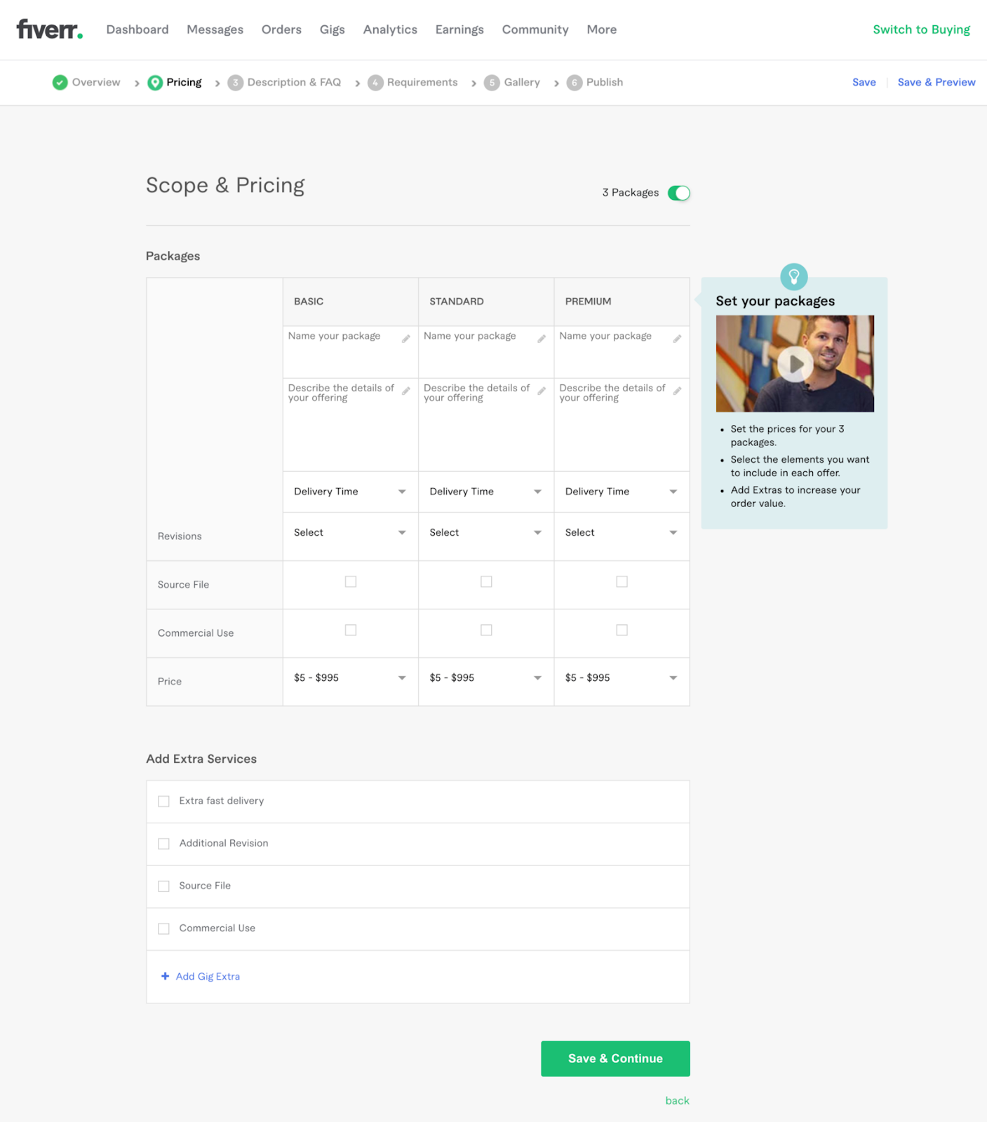Step 2 in creating a gig on Fiverr. Choose scope, pricing, and extra services.